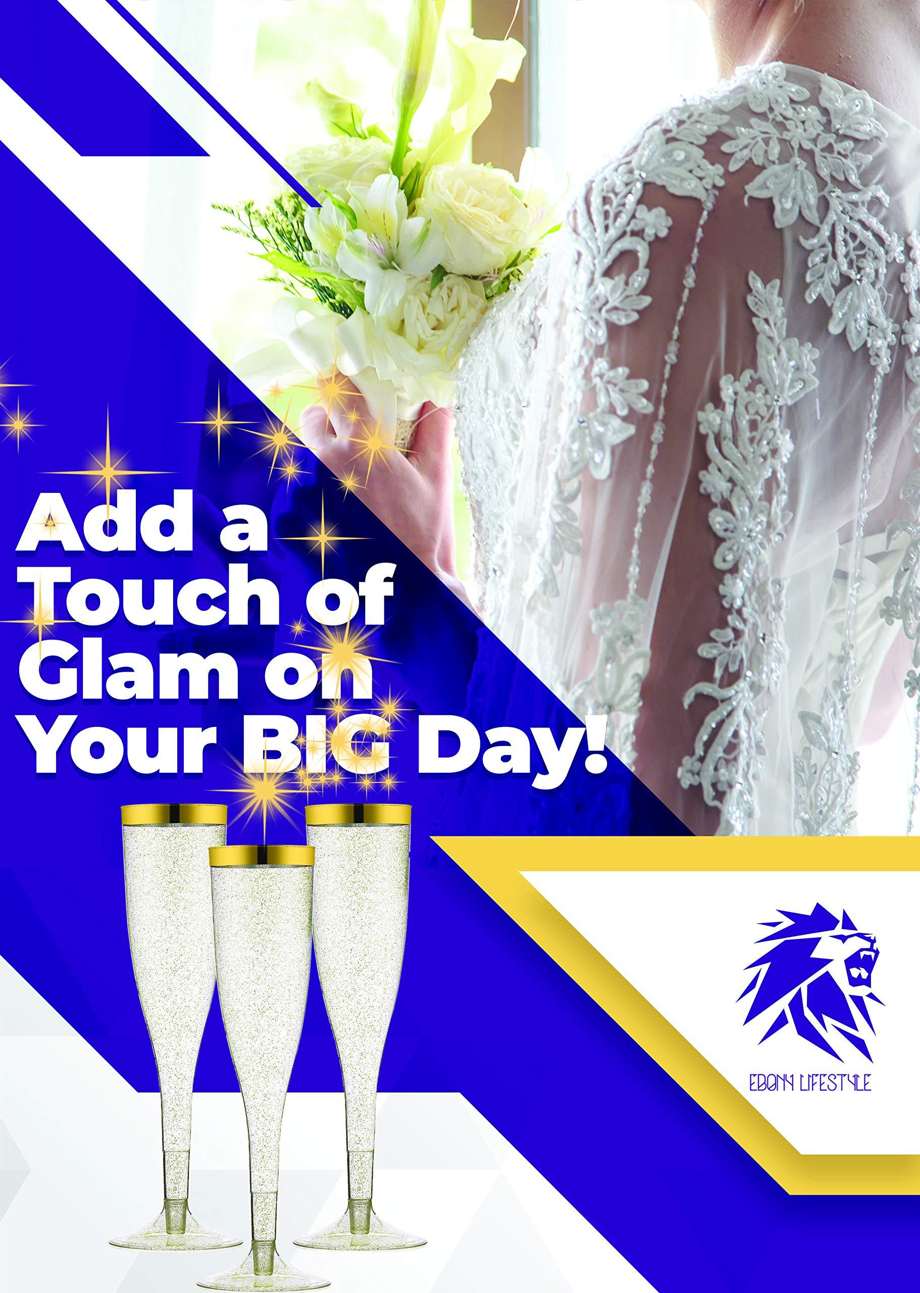 TasteOfQuality 50 Gold Rimmed Sparkle Plastic Champagne Flutes, Gold Glitter, 6.5 Oz Reusable Heavy Duty Wine Glass, Clear Plastic Toasting Glasses, Disposable Plastic Wine Glasses, cups for Bachelorette Party.