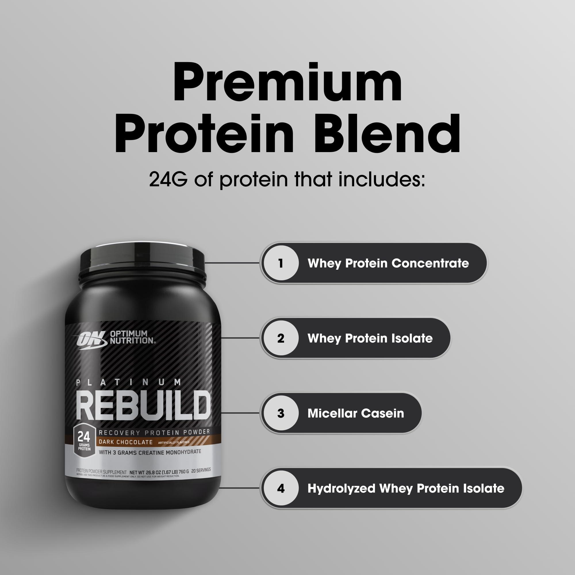 Optimum Nutrition Optimum Nutrition Platinum Rebuild, Premium Platinum Blend Protein Powder with Creatine Monohydrate, Dark Chocolate, 20 Servings