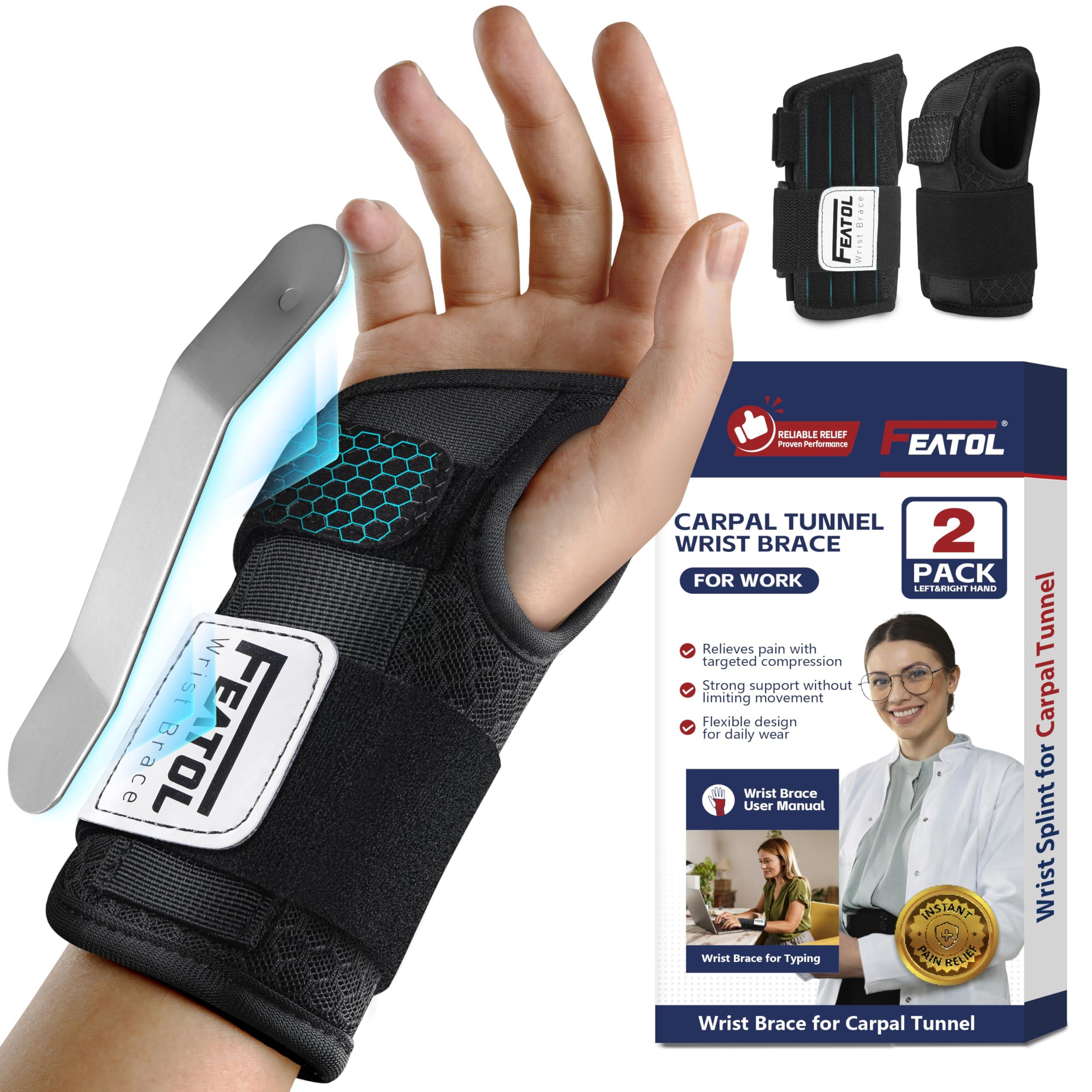 FEATOL FEATOL 2 Pack Carpal Tunnel Wrist Brace For Work With Wrist Splint, Adjustable Wrist Guard Daytime Support For Women Men, Pain Relief For Pregnancy, Typing, Arthritis, Tendonitis, Right Hand Left Hand, Large