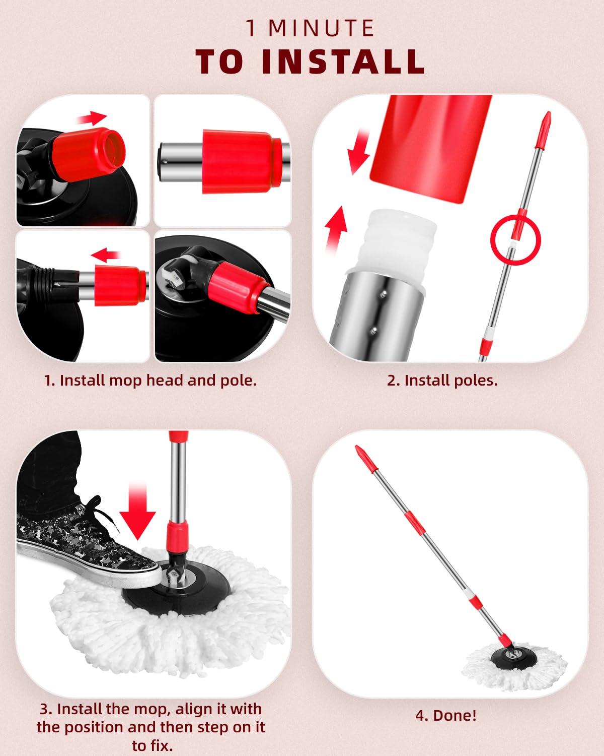 Oxherd Extended Stainless Steel Spin Mop Pole Handle Replacement Pole for Floor Mop 360 Degrees Home Floor Cleaning for Floor Mop 360 Degrees Home Floor Cleaning Scraper for Home Office (Red)