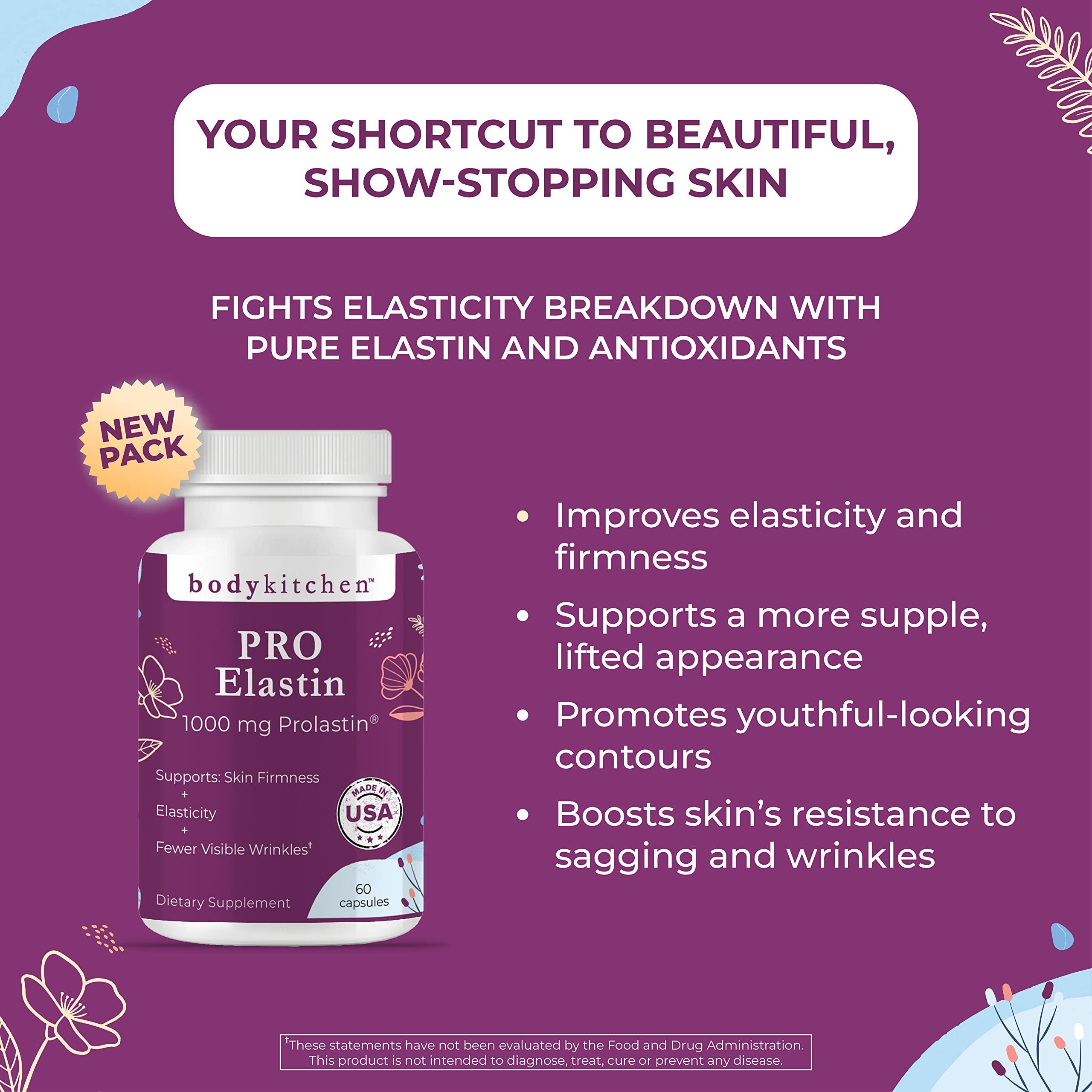 Body Kitchen Body Kitchen Pro-Elastin, 1000 mg Elastin Supplement, Help Reduce Signs of Aging, Improved Skin Health, Firmness & Elasticity, Fewer Wrinkles, Veggie Caps, (Pack of 1)