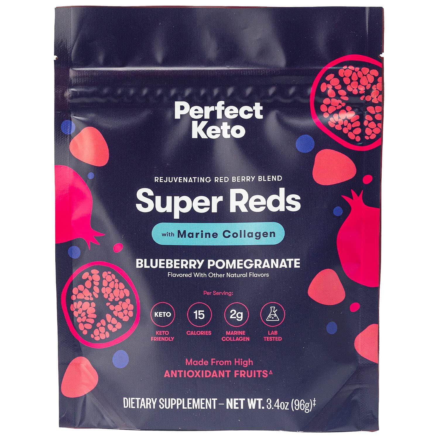 Perfect Keto Perfect Keto Super Reds Superfood Powder, Antioxidants Supplement with Fruit & Vegetable Powder, Polyphenols & Marine Collagen, Drink Mix for Skin & Energy Support, Blueberry Pomegranate, 20 Servings
