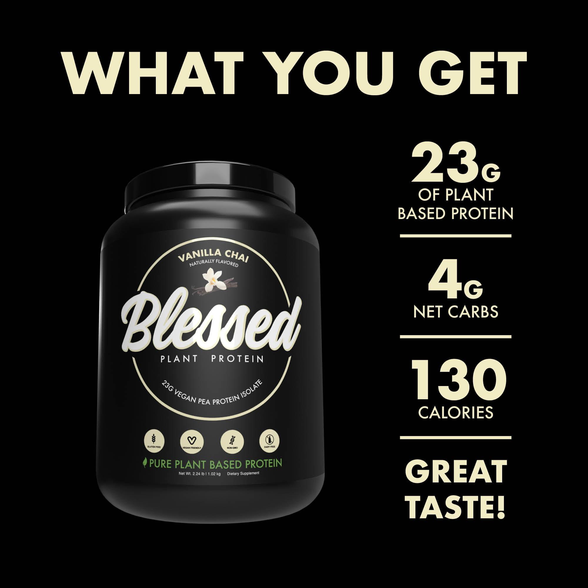 BLESSED BLESSED Vegan Protein Powder - Plant Based Protein Powder Meal Replacement Protein Shake, 23g of Pea Protein Powder, Dairy Free, Gluten Free, Soy Free, No Sugar Added, 30 Servings (Vanilla Chai)