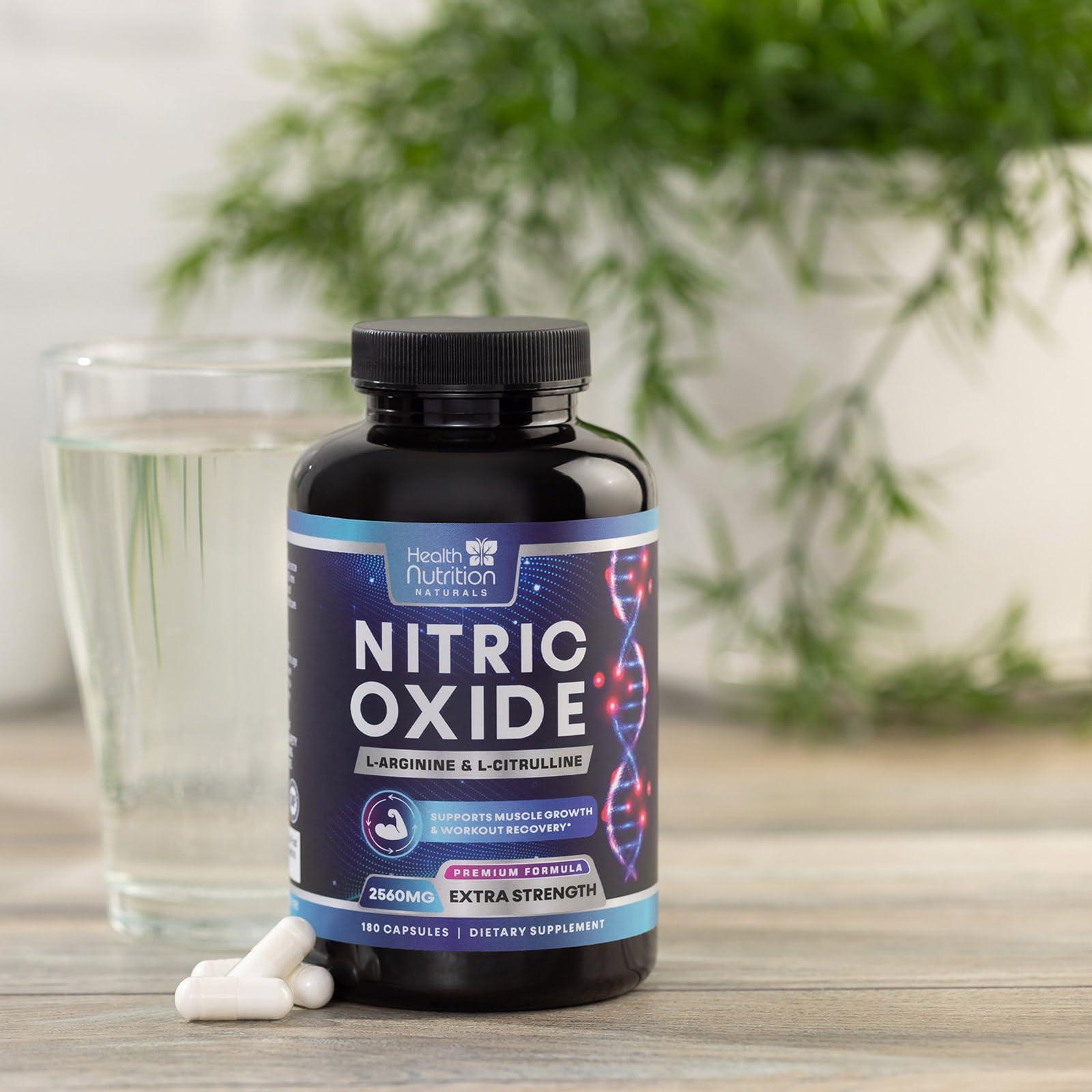 Health Nutrition Naturals Extra Strength Nitric Oxide Supplement L Arginine 3X Strength - Citrulline Malate, AAKG, Beta Alanine - Premium Muscle Supporting Nitric Booster for Energy & Strength to Train Harder - 180 Capsules