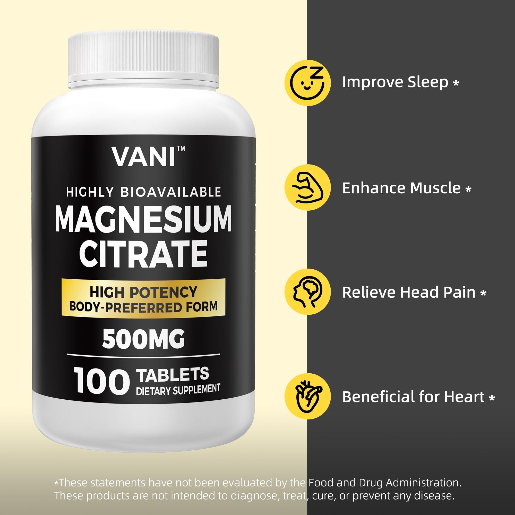 VANI Magnesium Citrate 500MG 100 Tablets- Vegan Safe, High Absorption