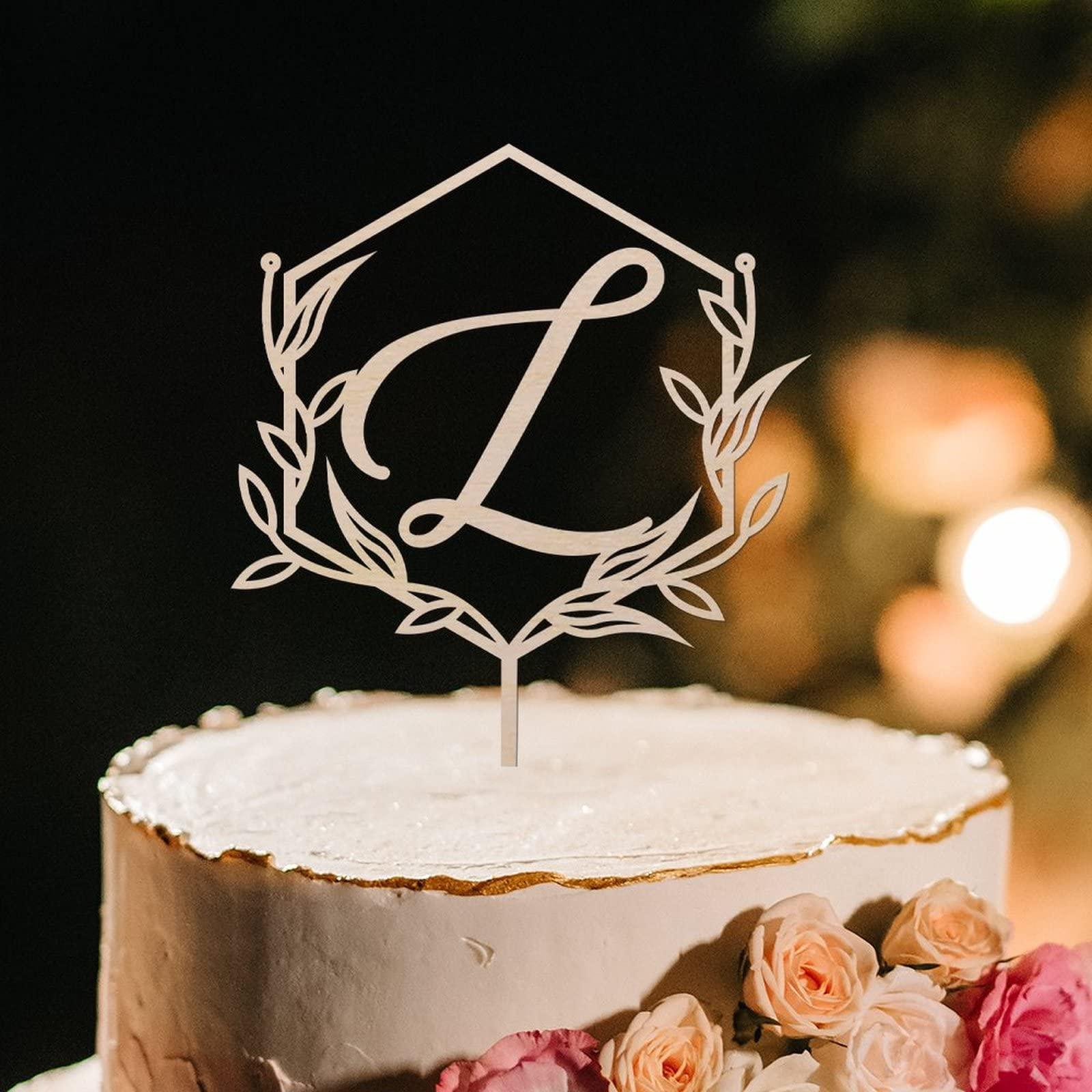 Vinisong Vinisong Personalized Initials Cake Topper Wreath Letter L Cake Topper Wood Monogram Cake Topper Rustic Wedding Cake Topper Birthday Cake Decoration(Design 03,L)