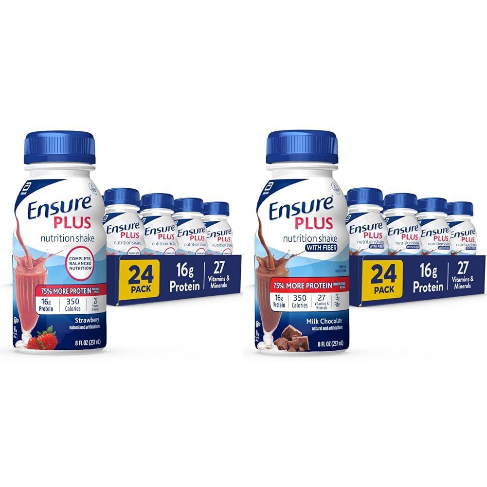 Ensure Ensure Plus Nutrition Shake with 16 Grams of Protein & Ensure Plus Nutrition Shake With Fiber, 16 Grams of Protein, Meal Replacement Liquid, Milk Chocolate, gluten free, 8 Fl Oz (Pack of 24)
