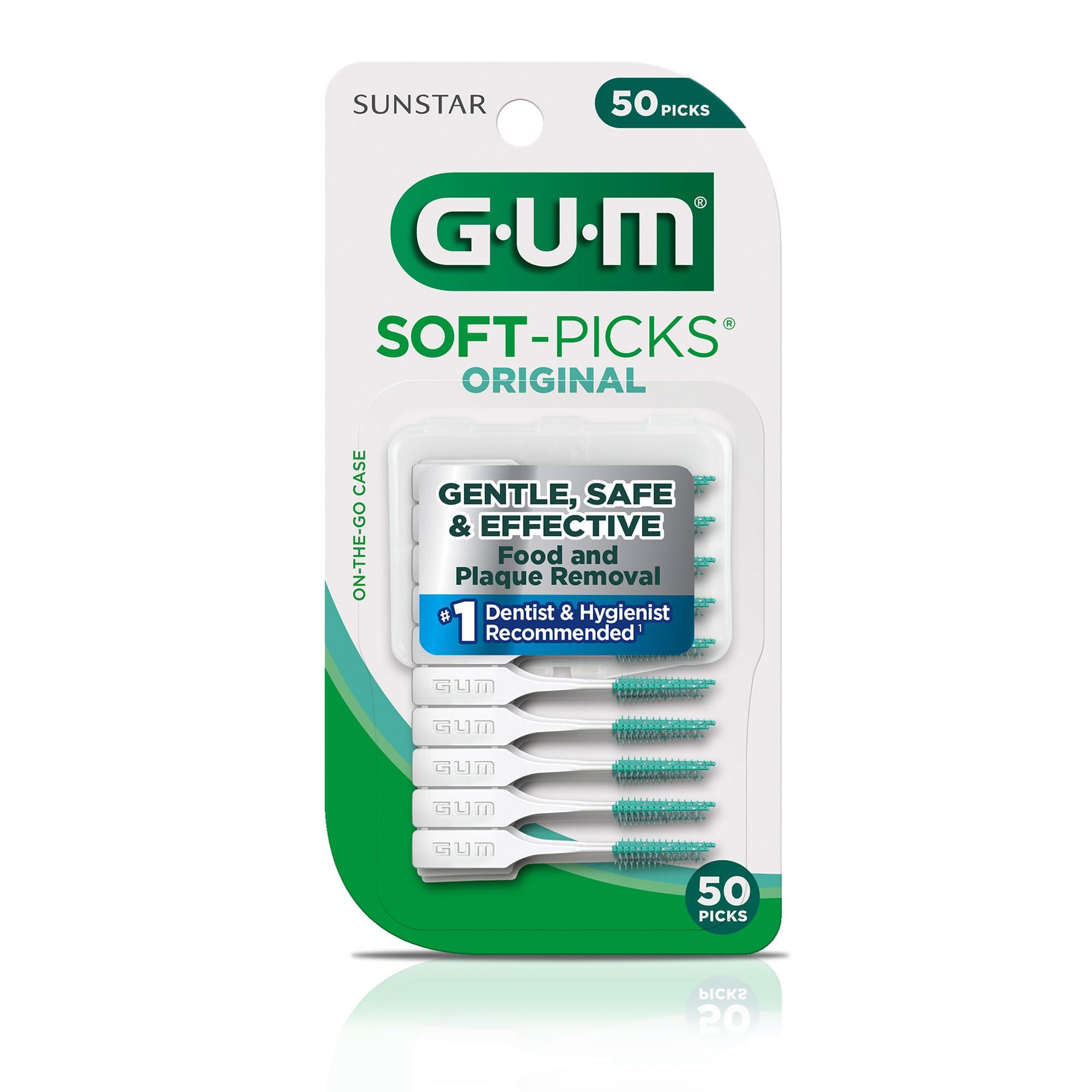 GUM GUM Soft-Picks Original, Easy to Use Dental Picks for Teeth Cleaning and Gum Health, Disposable Interdental Brushes with Convenient Carry Case, Dentist Recommended Dental Floss Picks, 50ct