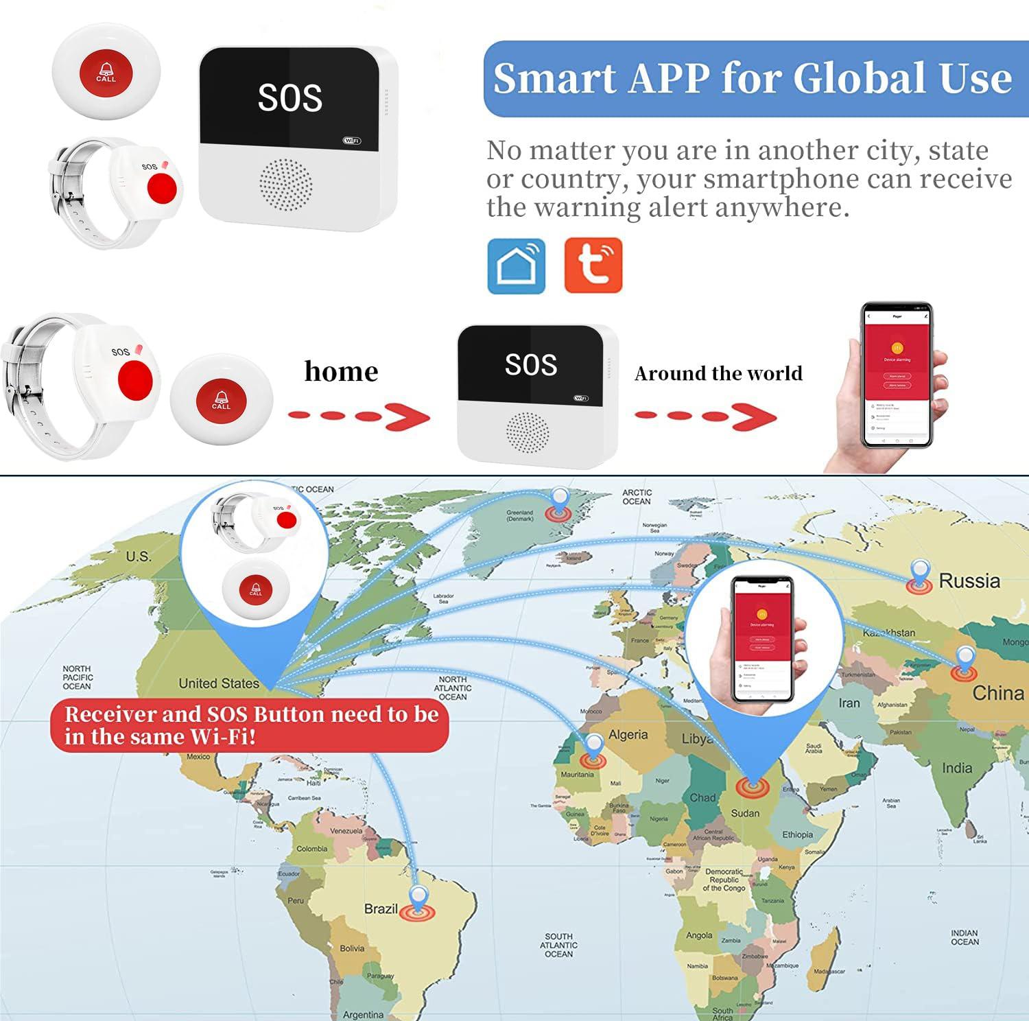 DwyenSlo WiFi Caregiver Call Button System Smart App Alert Emergency Call Button Personal Help Alert at Home for Elderly Patients(Supports 2.4GHz WiFi Only) (WiFiB 1-1-1)