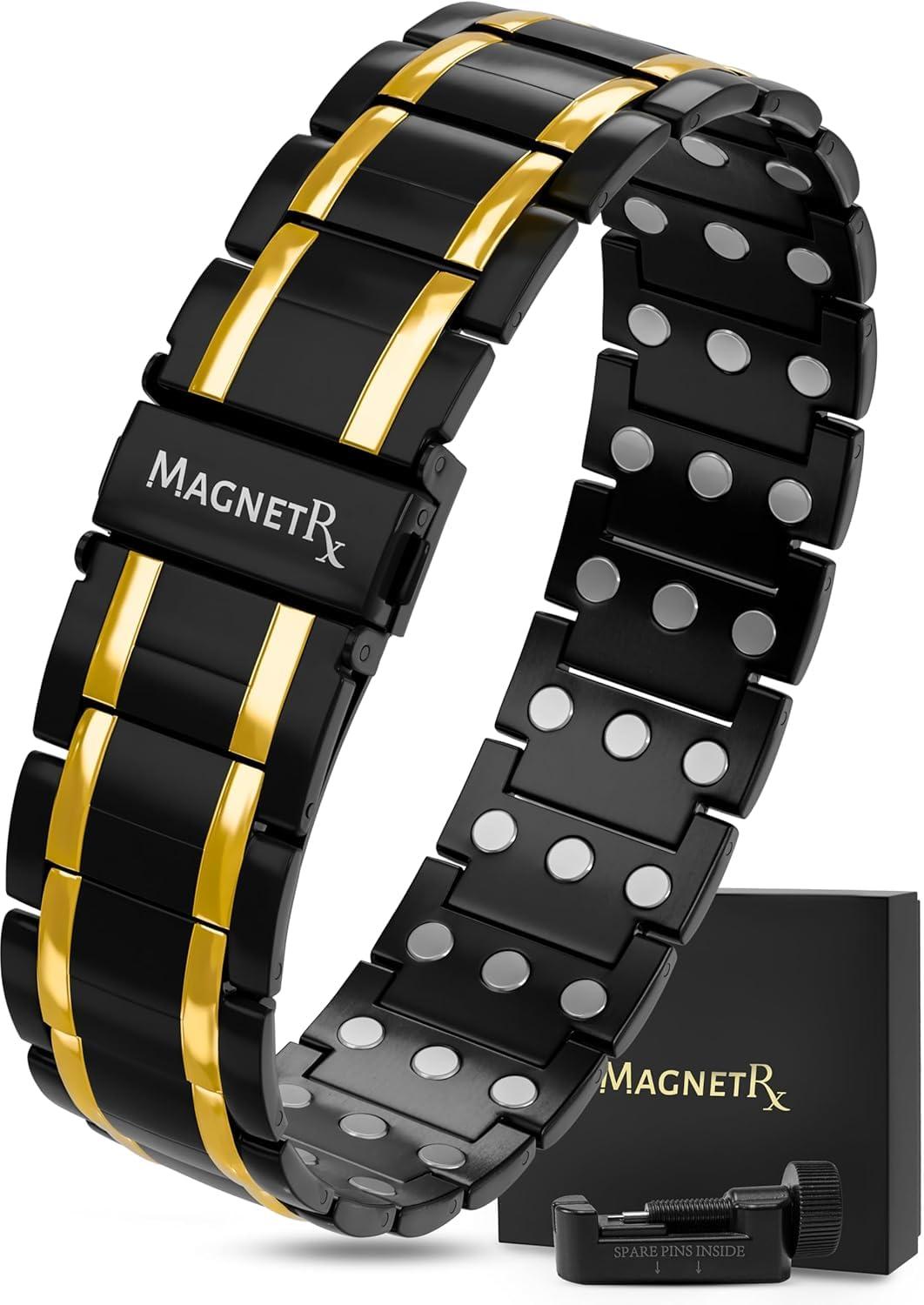 MagnetRX MagnetRX 3X Strength Titanium Magnetic Bracelet Magnetic Bracelets for Men Premium Fold-Over Clasp and Adjustable Length with Sizing Tool (Black/Gold)