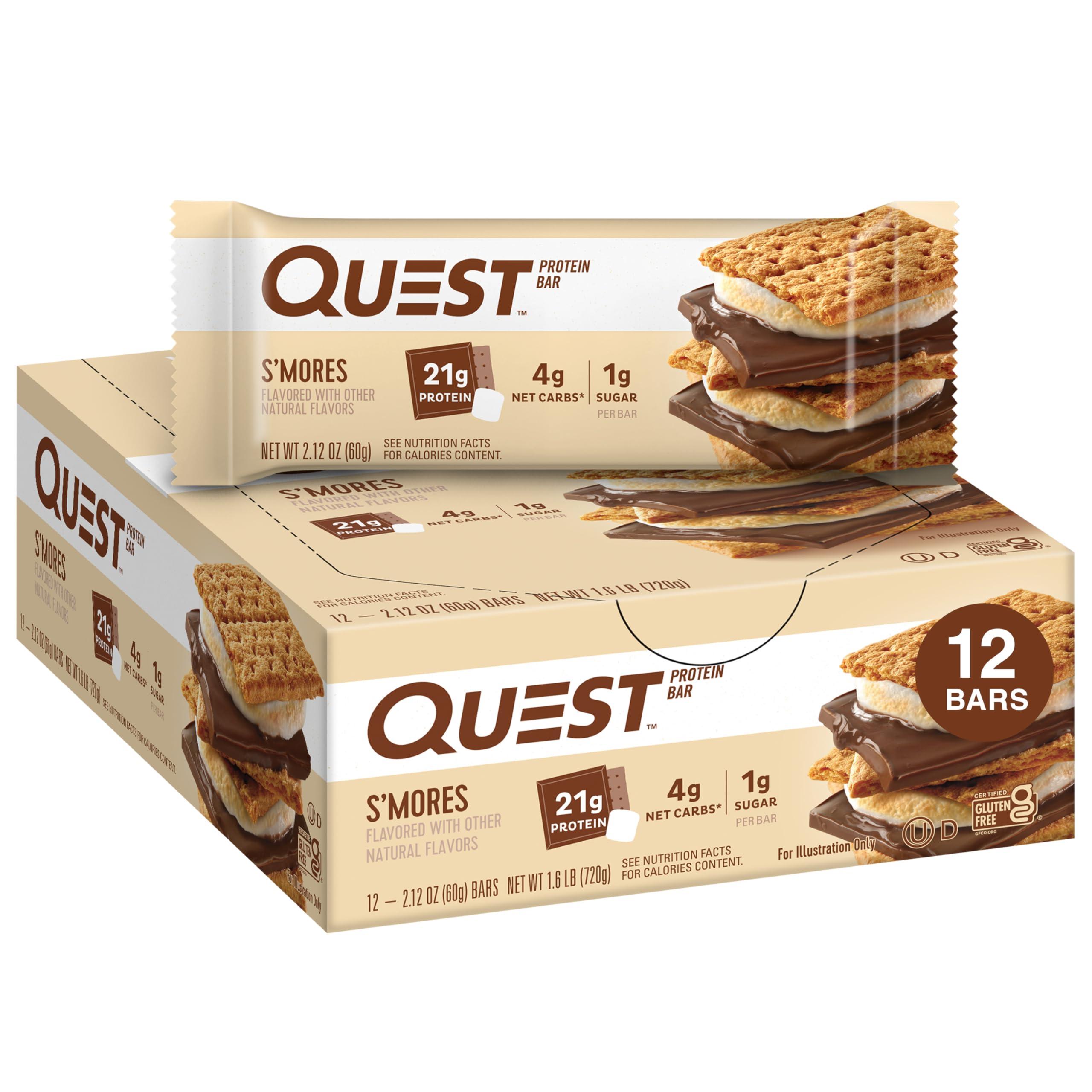 Quest Nutrition Quest Nutrition Crispy Chocolate Coconut Hero Protein Bar, 15g Protein, 1g Sugar, 3g & S\'mores Protein Bar, High Protein, Low Carb, Gluten Free, Keto Friendly