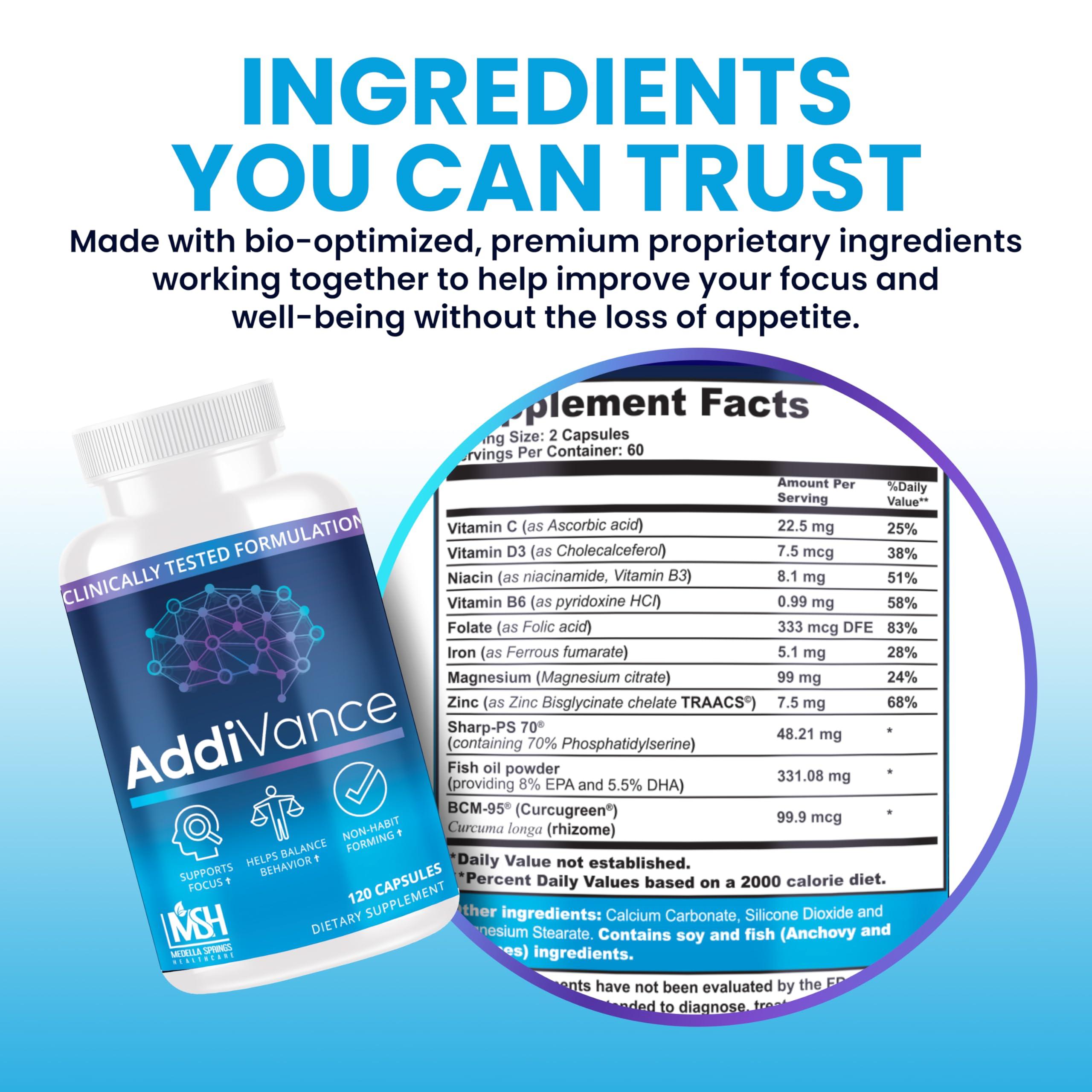 Medella Naturals AddiVance 120 Caps - Natural Brain Support Supplement for Enhanced Focus, Memory, & Balanced Behavior - Clinically Proven Non-Habit Forming Brain Supplement - Formulated by Medical Professionals