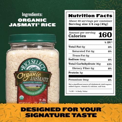 RiceSelect RiceSelect Jasmati Organic Rice, Long-Grain Organic Jasmine Rice, Premium Gluten-Free Rice, Non-GMO, 32-Ounce Jar
