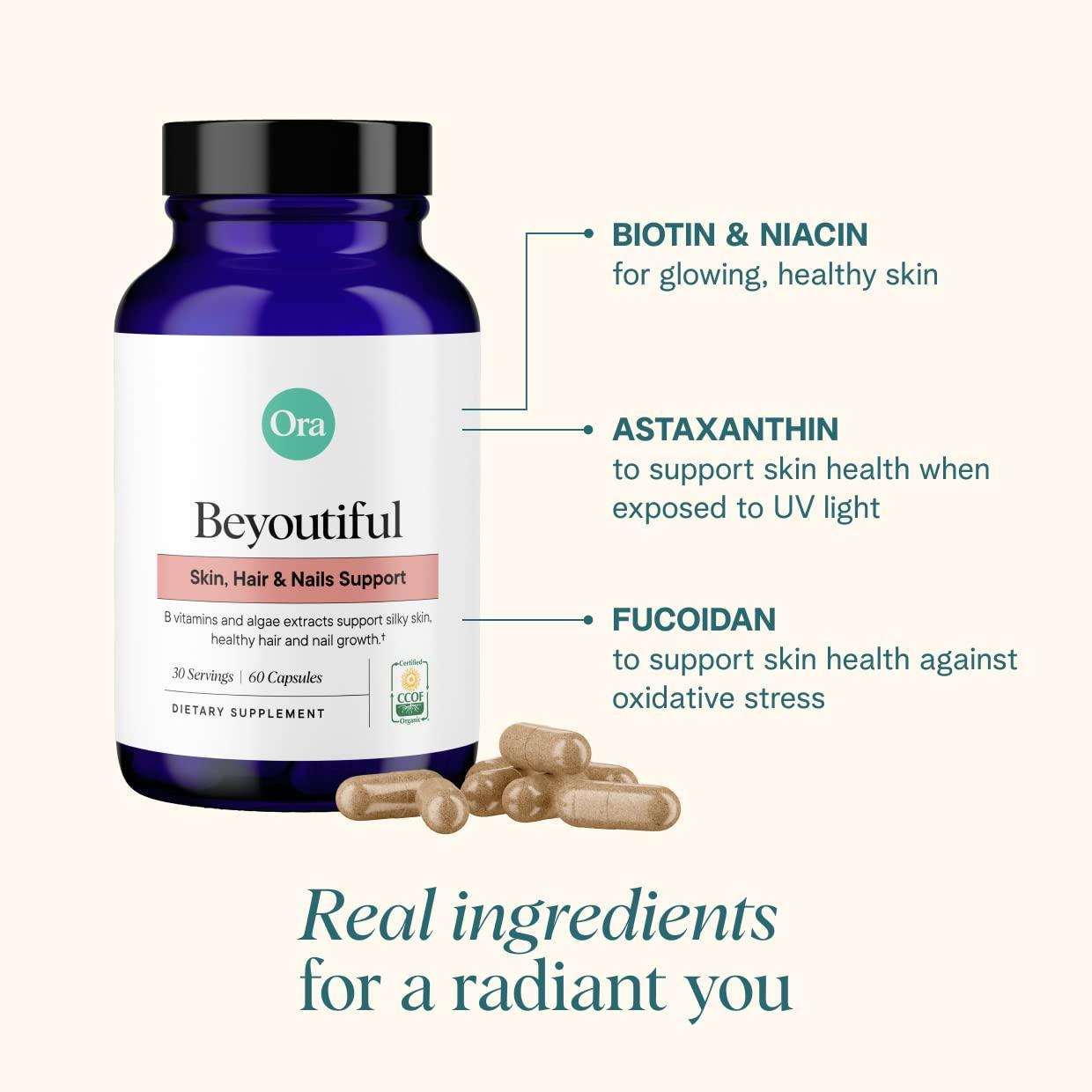 Ora Organic Ora Organic Hair, Skin, and Nails Support- BeYouTiful - Beauty Supplement with B Vitamins and Algae Extracts for Healthy Hair and Skin - 60 Vegan Capsules