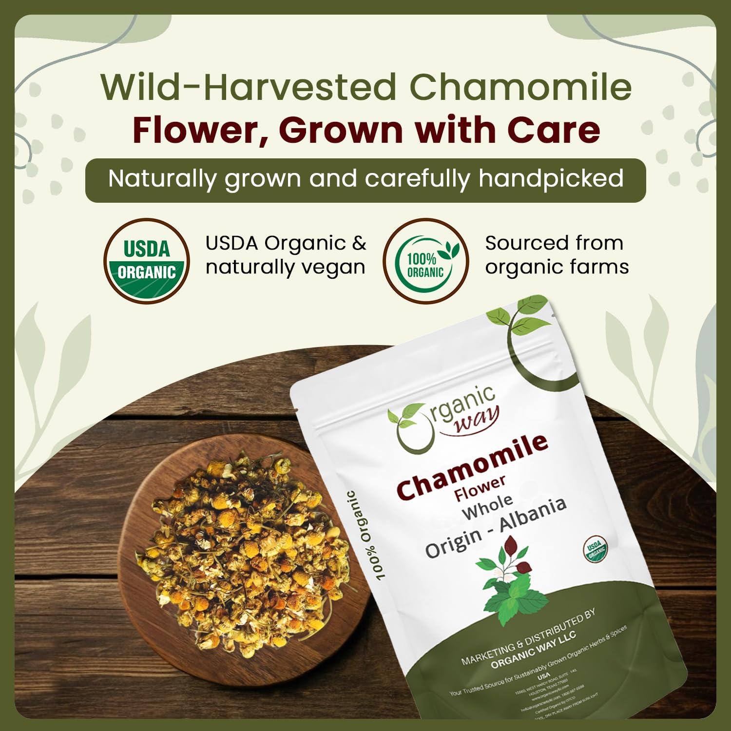 Organic Way Organic Way Chamomile Flower Whole (Matricaria chamomilla) - Herbal Tea | European Wild-Harvest | Kosher & USDA Certified | Vegan, Non-GMO & Gluten Free | 100% Raw from Albania (1/4LBS / 4Oz.)
