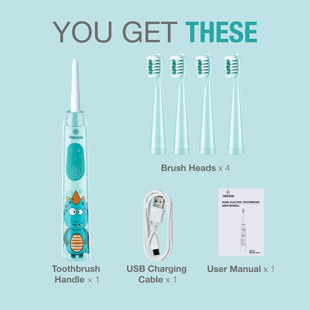 Vekkia Vekkia Sonic Rechargeable Kids Electric Toothbrush, 3 Modes with Memory, Fun & Easy Cleaning, 24000 Strokes, IPX7 Waterproof, 2-Min Timer for Age 5+, 4 Soft Bristles(Blue)