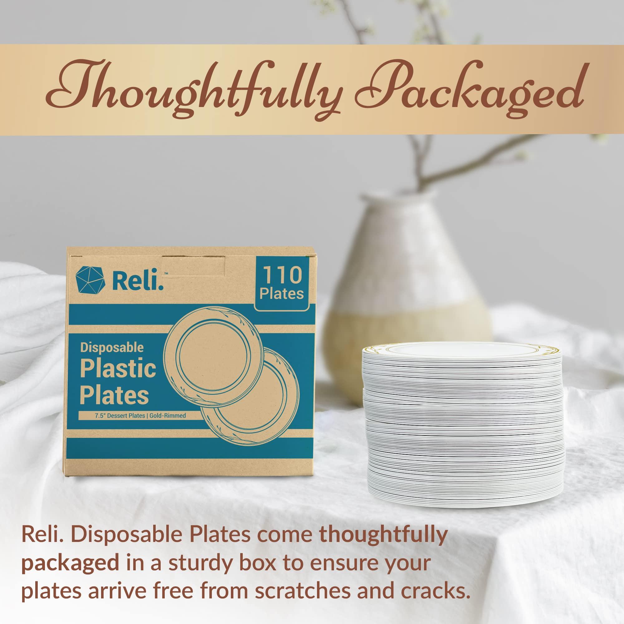 Reli. Reli. Disposable Plastic Plates, White & Gold Rim (110 Pcs, 7.5\" Dessert Plate) | Hard Plastic Dessert/Salad/Cake | Heavy Duty Disposable Round Trays for Party, Wedding, Event (Gold Trim)