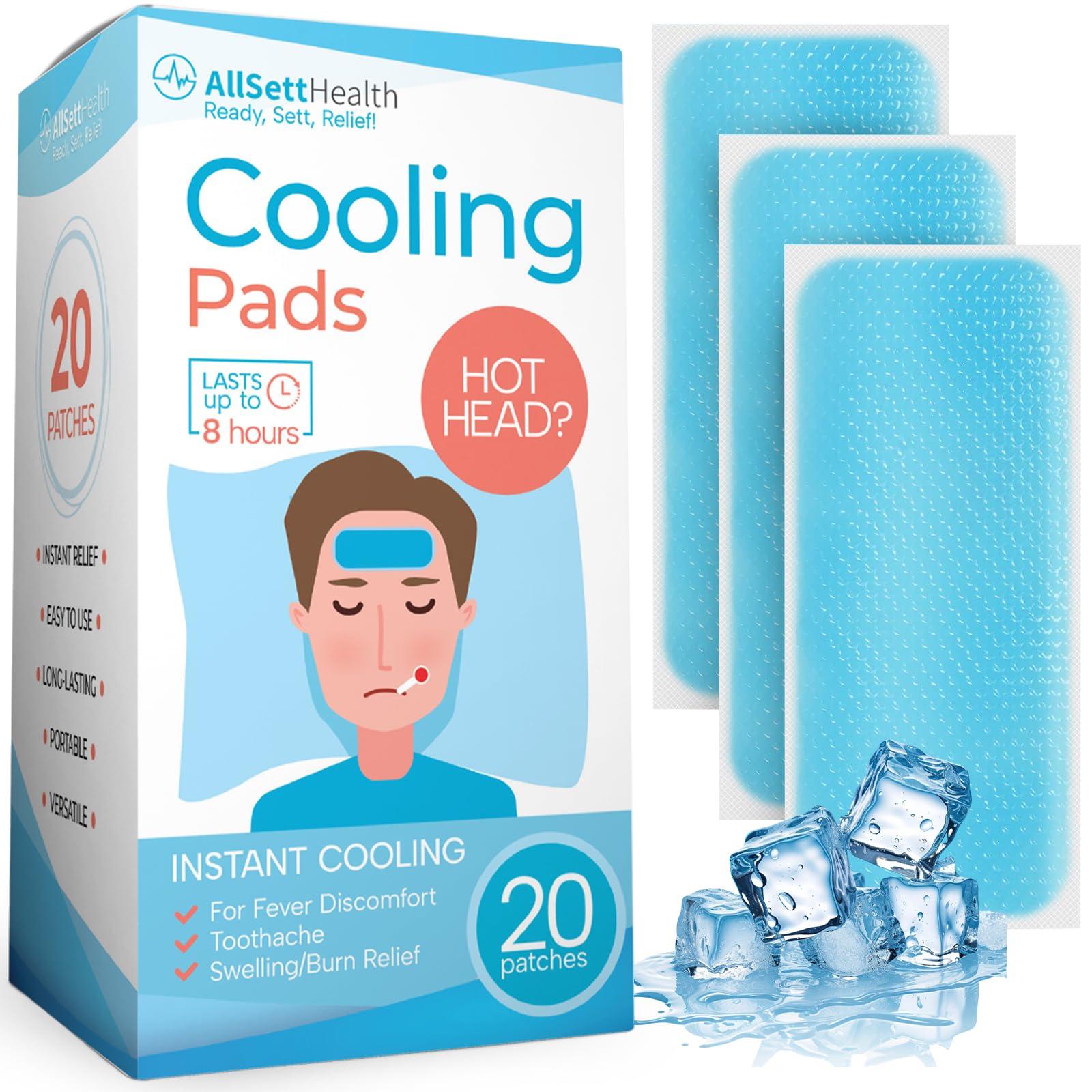 AllSett Health 20 Pack - Cooling Patches for Fever, Natural Headache and Migraine Relief, Soft Gel Sheets, Fever Patch for Kids, Tension/Sinus, Headache Relief Prevention