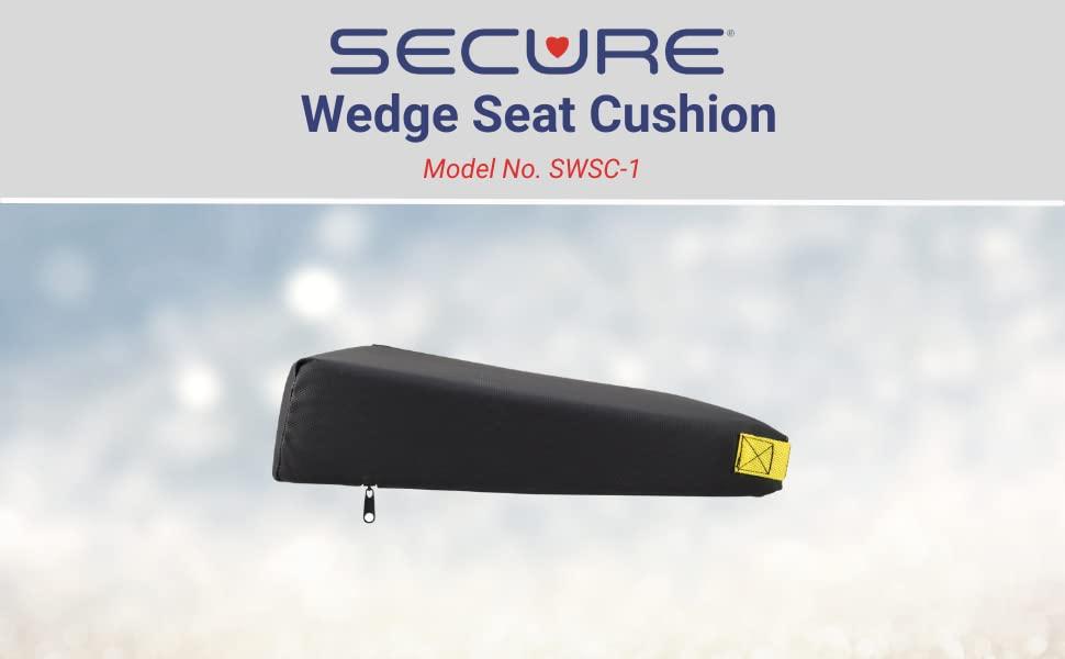 Secure Secure SWSC-1 High Density Wedge Wheelchair Seat Cushion with Safety Strap - Pressure Reducing Inner Foam Core Support with Non Slip Cover to Prevent Forward Sliding