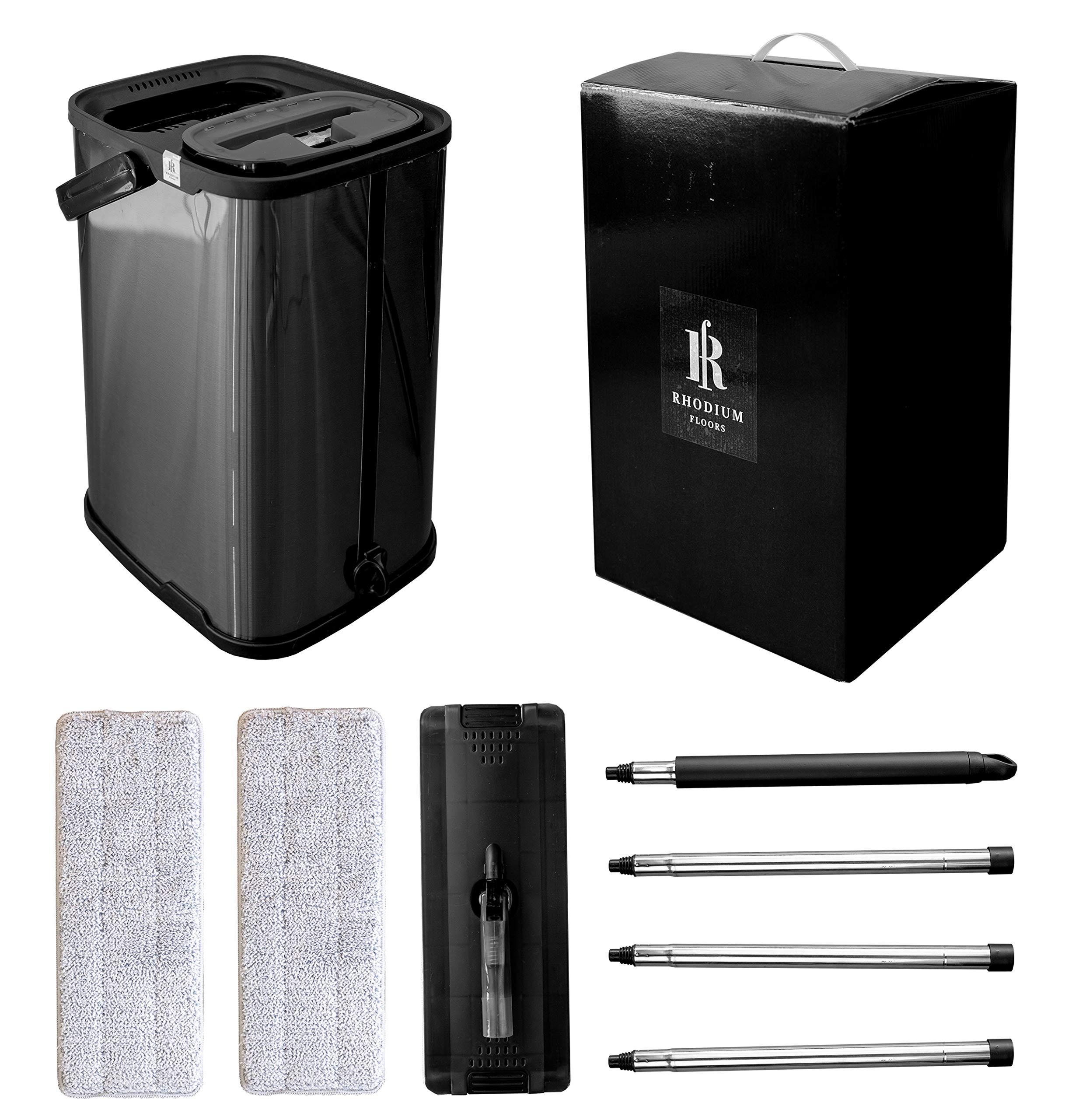 Rhodium Floors Black Flat Floor Mop and Bucket Set, Stainless Steel Bucket and Telescopic Handle, 2 Washable Mop Pads, Professional Home and Office Cleaner for All Types of Floors, Hardwood, Laminate, Tile