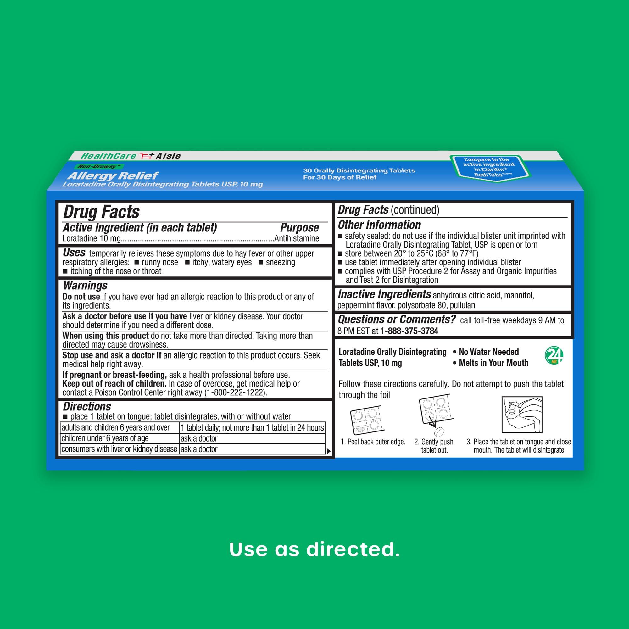 HealthCareAisle HealthCareAisle Allergy Relief - Loratadine 10 mg Orally Disintegrating Tablets USP - 30 Tablets - Original Prescription Strength Allergy Medication, 24-Hour Relief