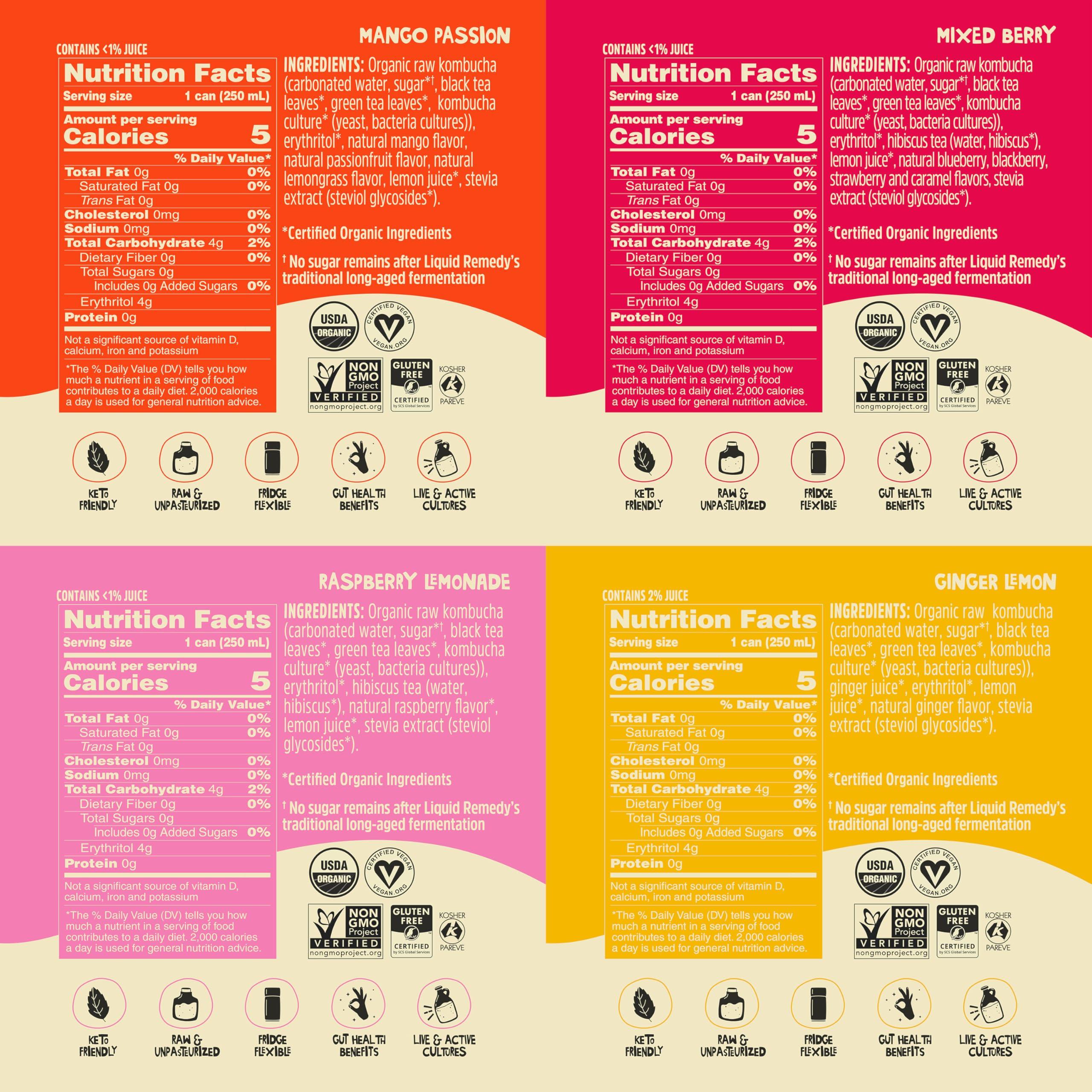 REMEDY Kombucha Liquid Remedy Kombucha Sugar Free Organic Drink, Low Calorie, Probiotic Like Tea for Gut Health - Super Sampler Variety Pack - 8.5 Fl Oz Can, 24-Pack