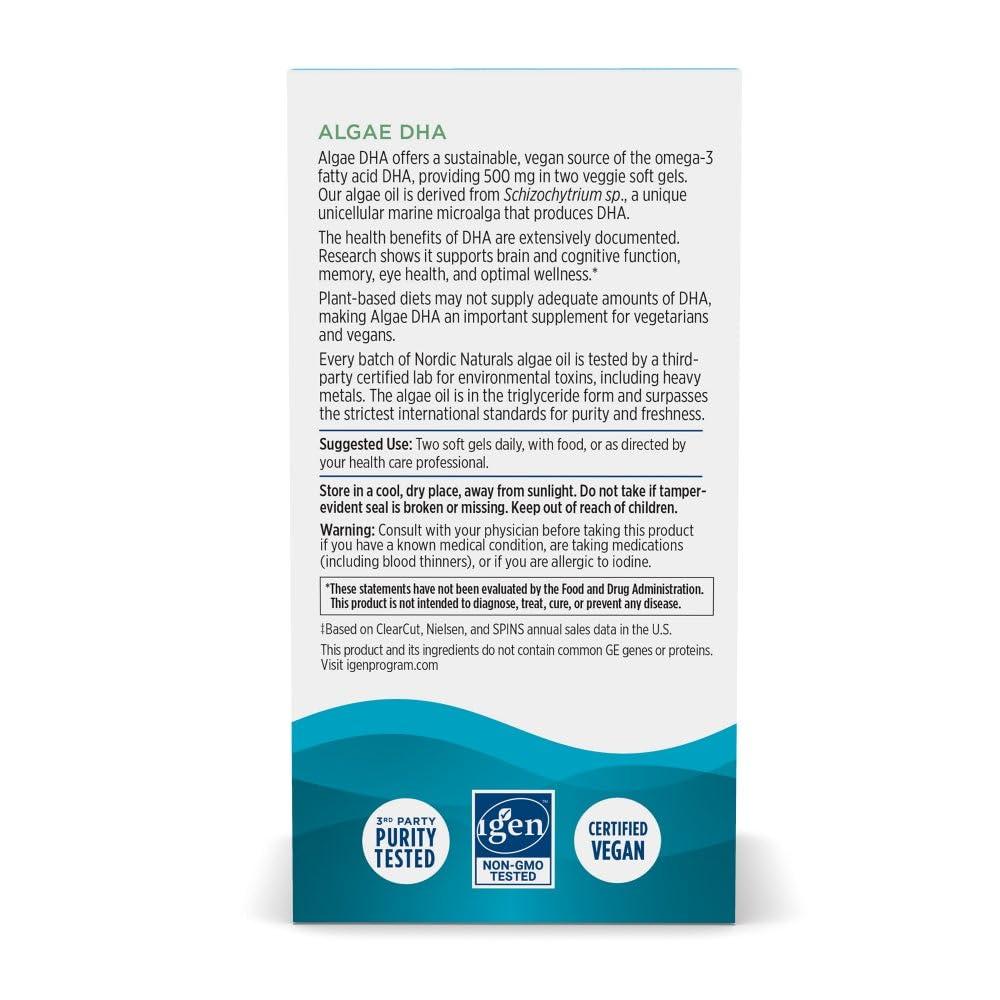 Nordic Naturals Nordic Naturals Algae DHA - 90 Soft Gels - 500 mg Omega-3 DHA - Certified Vegan Algae Oil - Plant-Based DHA - Brain, Eye & Nervous System Support - Non-GMO - 45 Servings