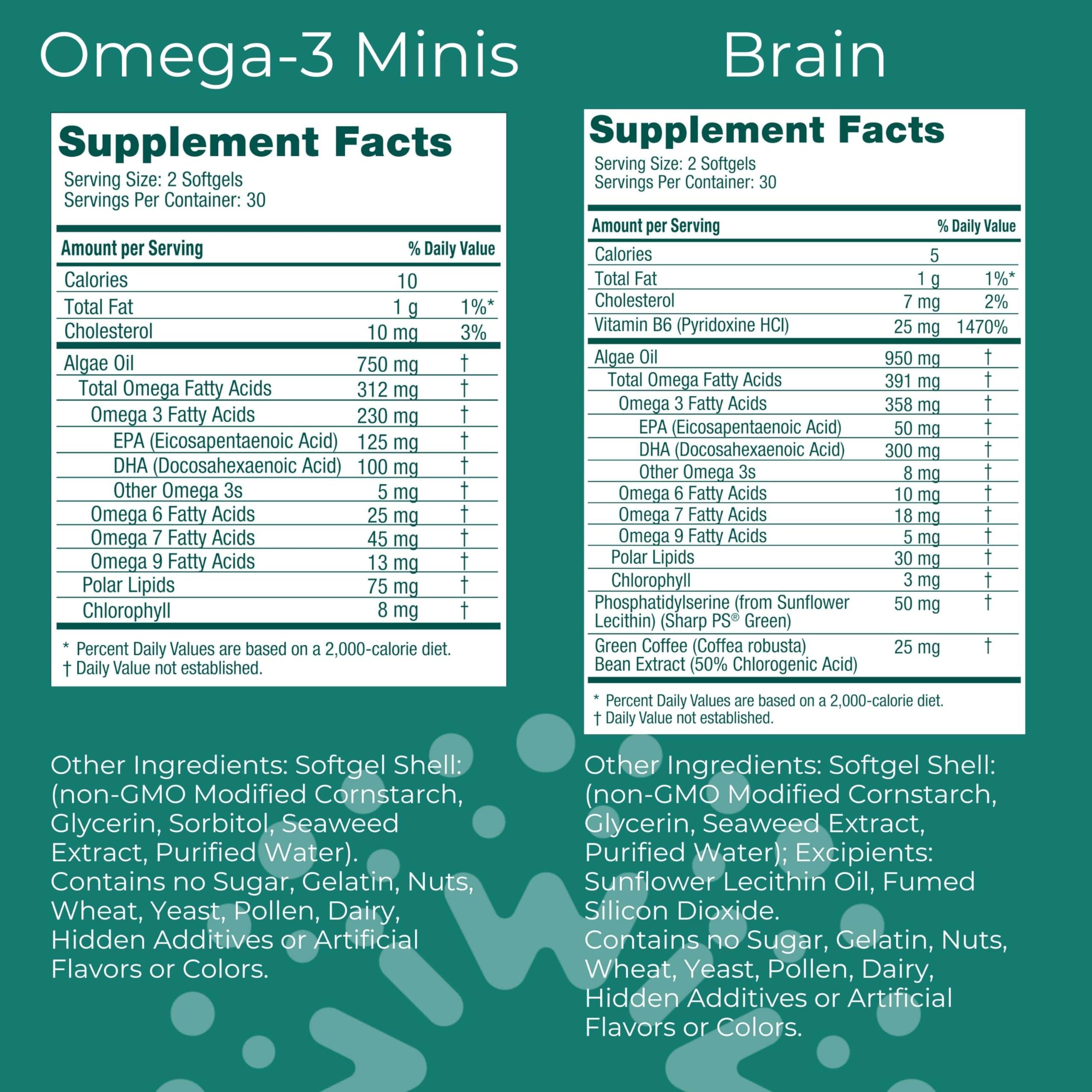 Iwi Iwi Life Omega-3 Minis & Brain Omega-3 Bundle, 30 Servings, Vegan Plant-Based Algae Omega 3 with EPA + DHA, Krill & Fish Oil Alternative, No Fishy Aftertaste