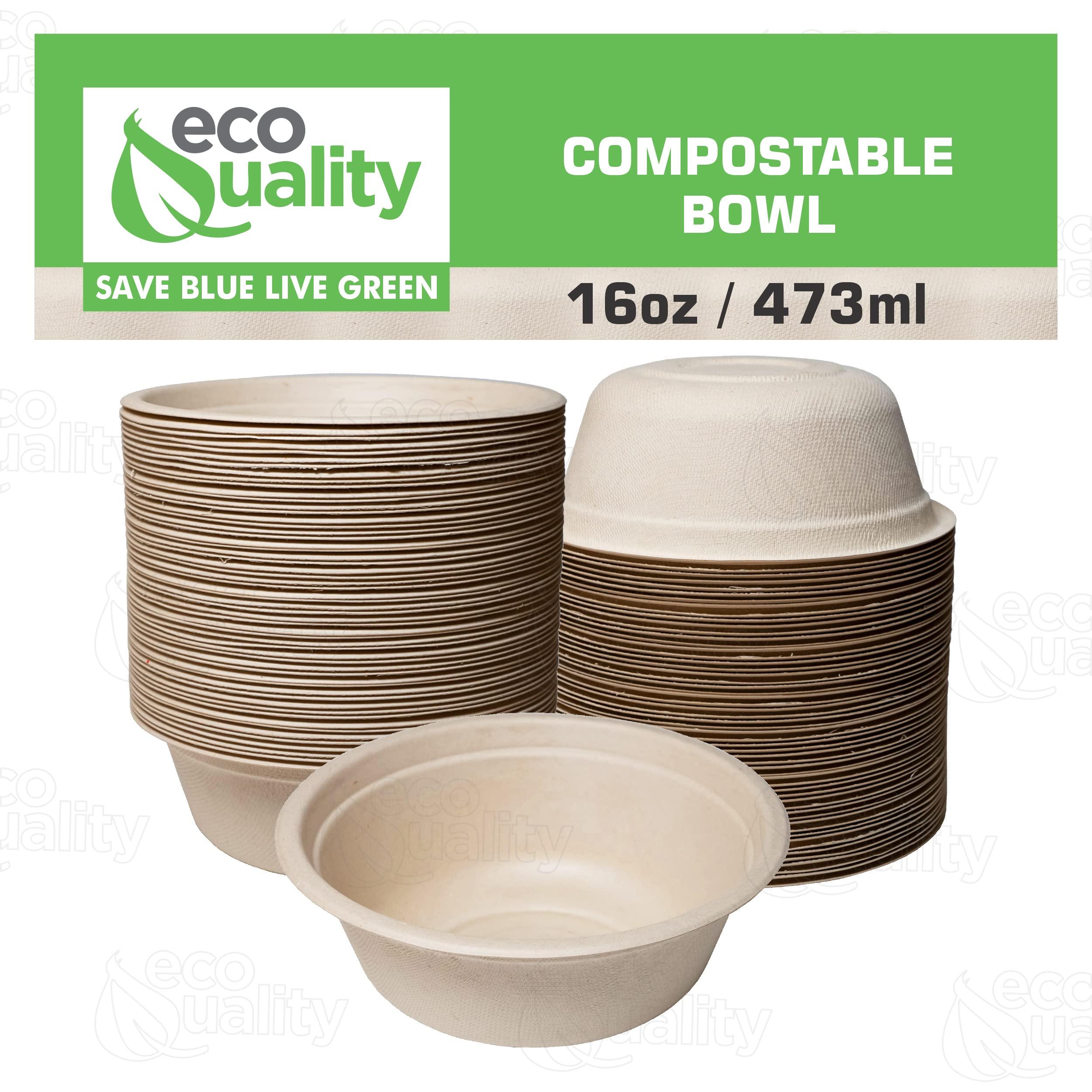 EcoQuality [150 Pack] 16 oz Compostable Paper Bowls Heavy-Duty Disposable Bowls, Eco-Friendly Natural Bagasse Unbleached, Hot or Cold Use, 100% Biodegradable Soup Bowls Sugarcane