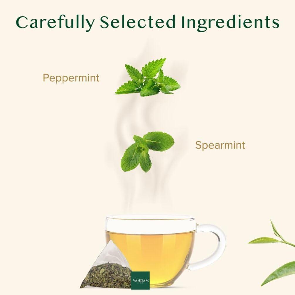 VAHDAM VAHDAM, Pure Mint Herbal Tea (15 Pyramid Tea Bags) Caffeine Free, Non GMO, Gluten Free | Blend of Spearmint & Peppermint - Sweet & Minty | Resealable Ziplock Pouch