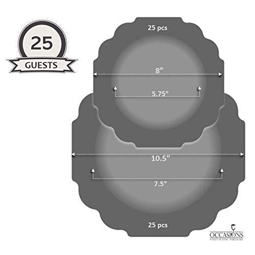 OCCASIONS FINEST PLASTIC TABLEWARE \" OCCASIONS \" 50 Plates Pack (25 Guests)-Heavyweight Wedding Party Disposable Plastic Plate Set -(25x10.5\'\' Dinner + 25x8\'\' Salad/Dessert) (Imperial in White & Silver Rim)