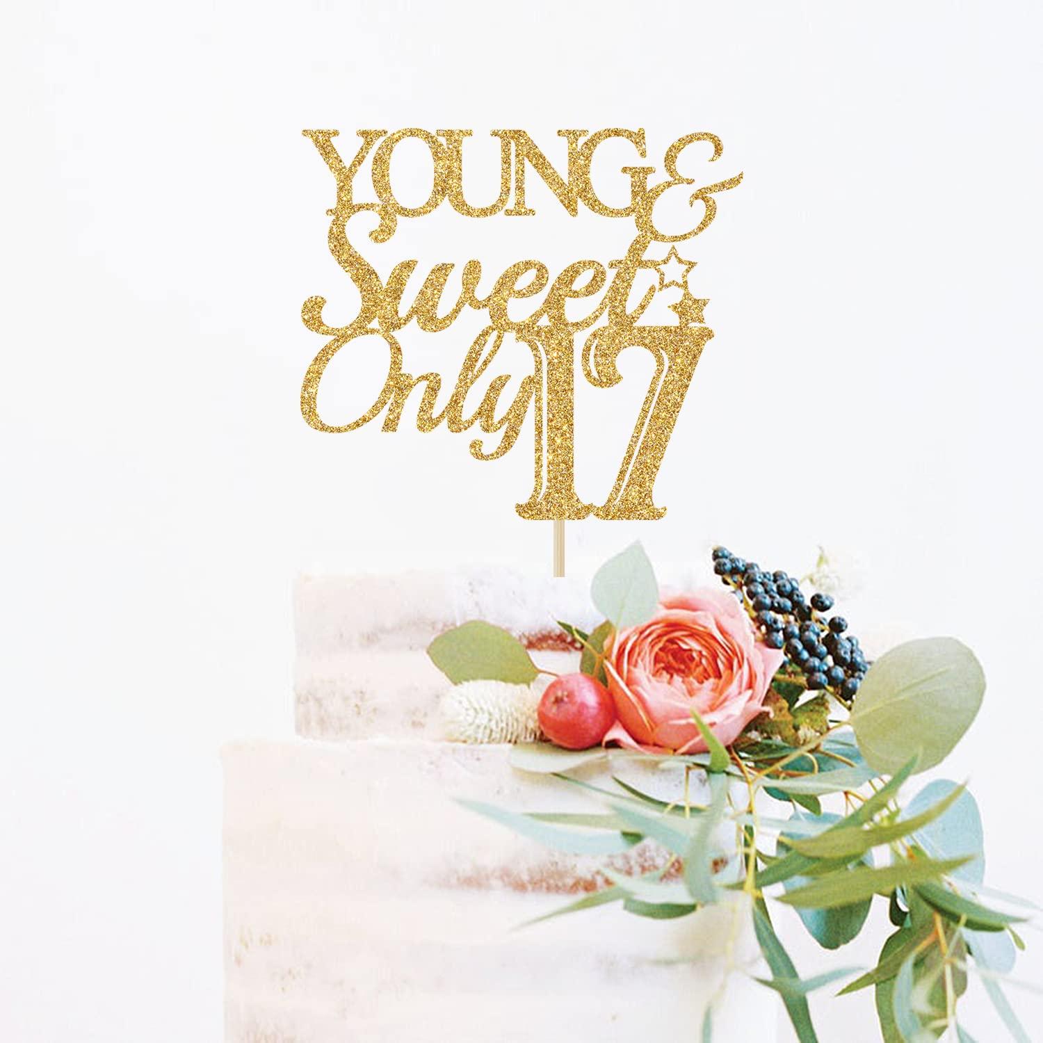 Calarjeta Young & Sweet Only 17 Cake Topper - Happy 17th Birthday Cake Topper - Hello 17, 17th Birthday/Anniversary Party Decorations Gold Glitter