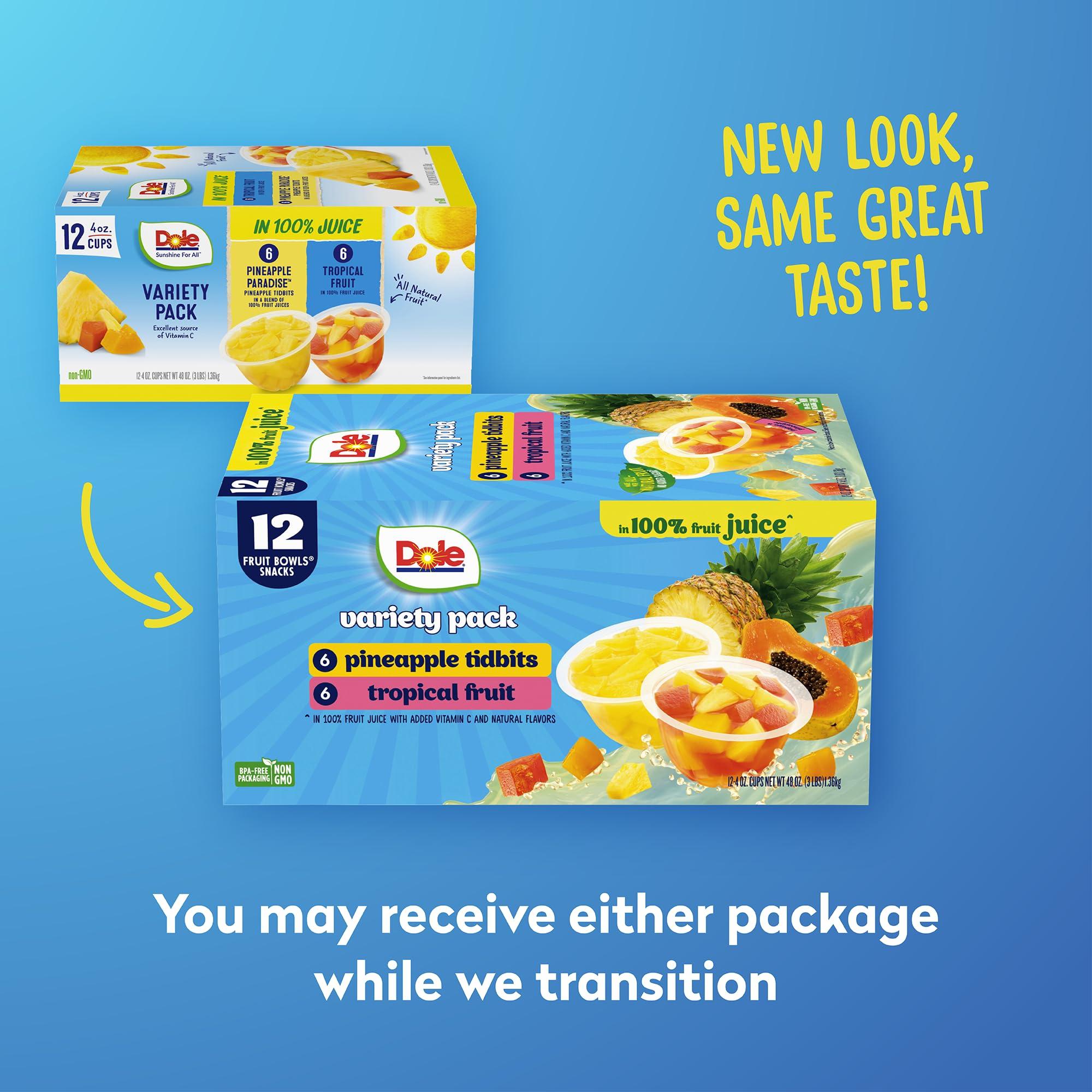 Dole Dole Pineapple Tidbits and Tropical Fruit in 100% Juice Variety Pack - Dole Fruit Bowls Snacks - 4 oz Bowls - 12 Pack