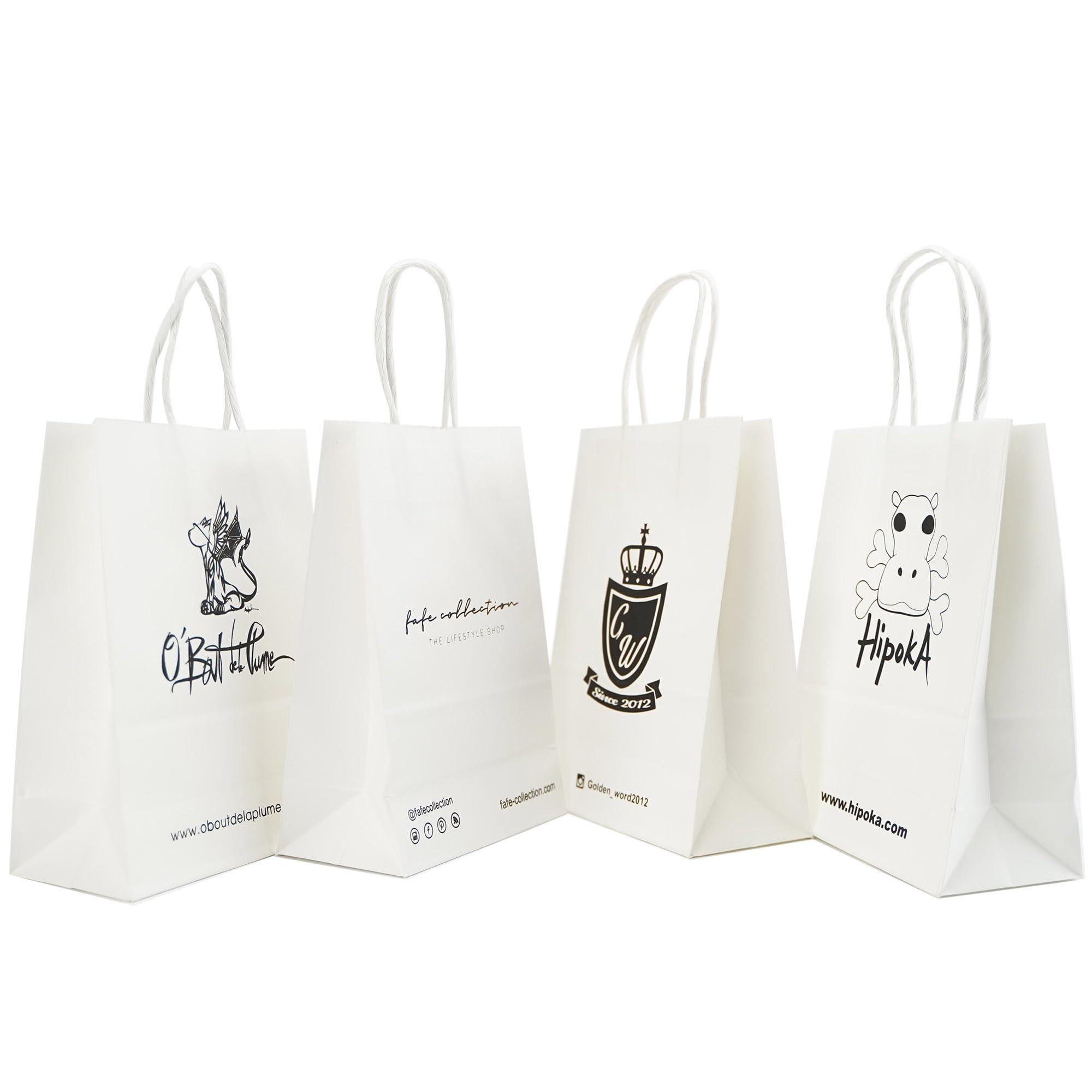 SOUTH GIANT Custom Printed Kraft Paper Bags for Small Business, 10.5x8.5x4.25 inch Medium Size, Personalized Retail Gift Bags with Logo, White Shopping Paper bag with Handle, Goodie Bags (50pcs - White)