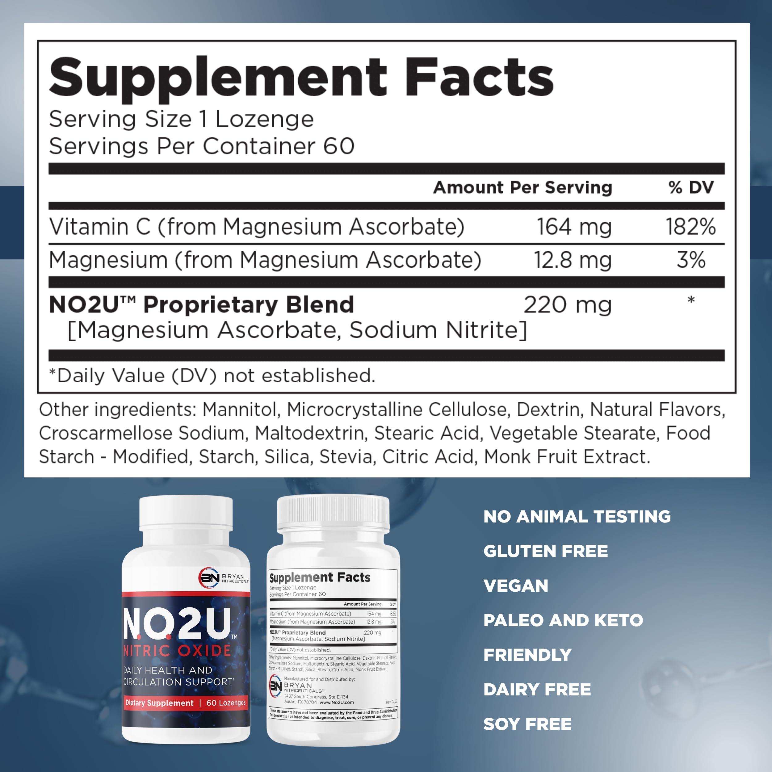 NO2U NO2U Bryan NITRICEUTICALS - Natural Nitric Oxide Supplements for Men & Women - Promotes Blood Circulation, Oxygen & Nutrient Delivery, Daily Wellness Support - No Gluten or Dairy - 60 Vegan Lozenges