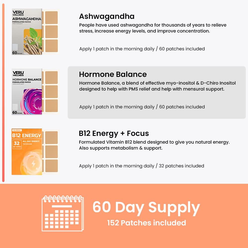 Veru Wellness Veru Wellness Hormonal Balance Patch for Women Compete Bundle - Myo-Inositol & D-Chiro, Ashwagandha, B12 Energy - PMS Relief, Mensural Support, Mood Stress and Energy (2 Month Supply)