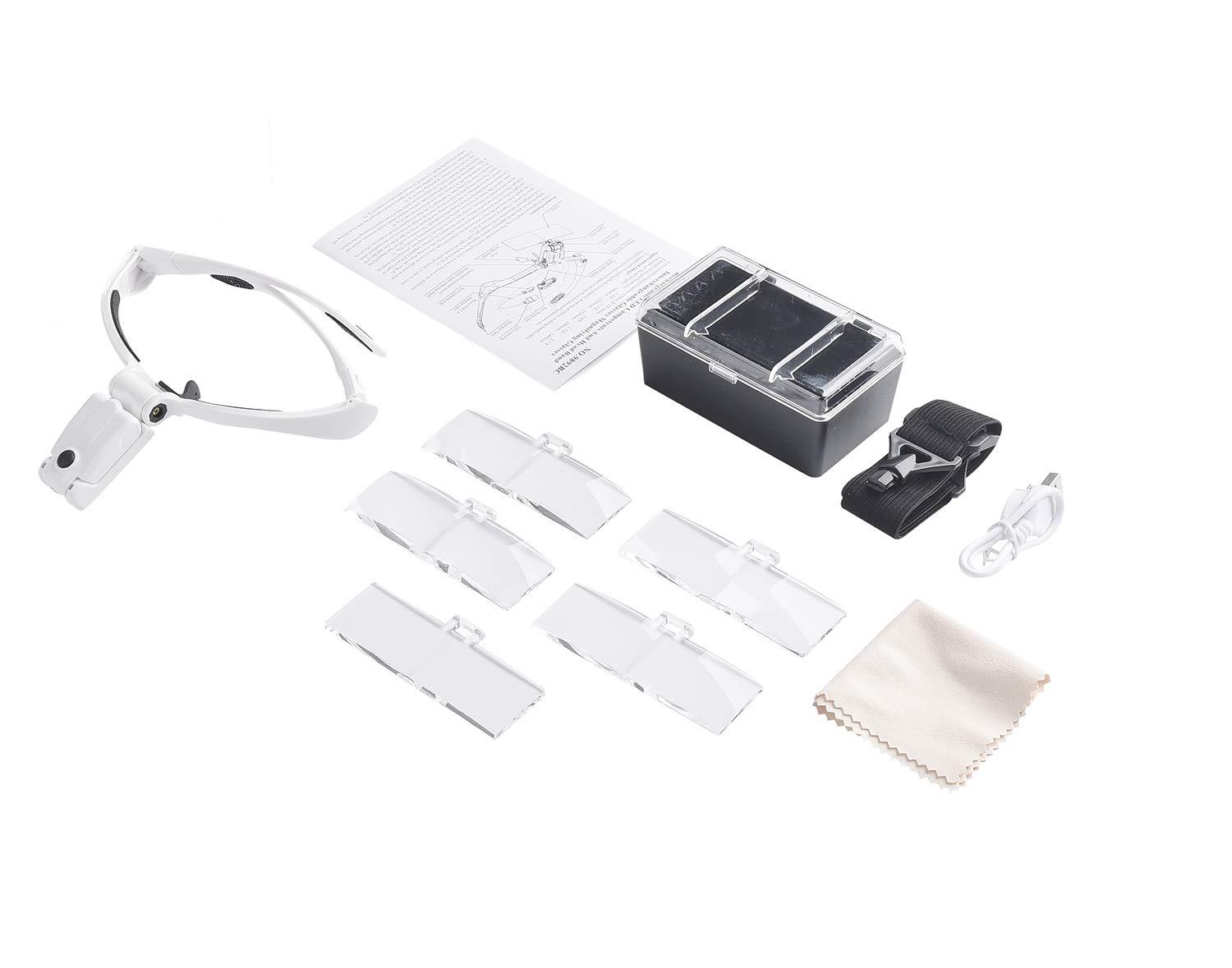 Beileshi Beileshi Headband Magnifying Glasses with Rechargeable LED Lampstents and Headband Interchangeable Magnifier 5 Magnification of Lenses: 1.0X 1.5X 2.0X 2.5X 3.5X
