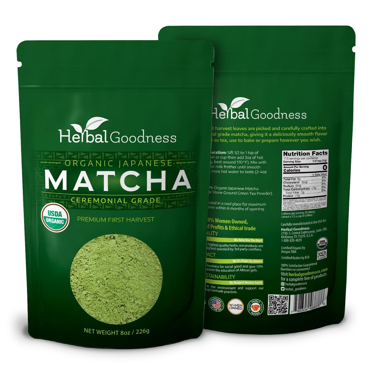 Herbal Goodness Matcha Organic Green Tea Powder - Japanese Ceremonial Grade Matcha Powder, Premium First Harvest, Matcha Tea for Health & Vitality, Non-GMO, USDA Organic Macha - 8oz/224g - Herbal Goodness
