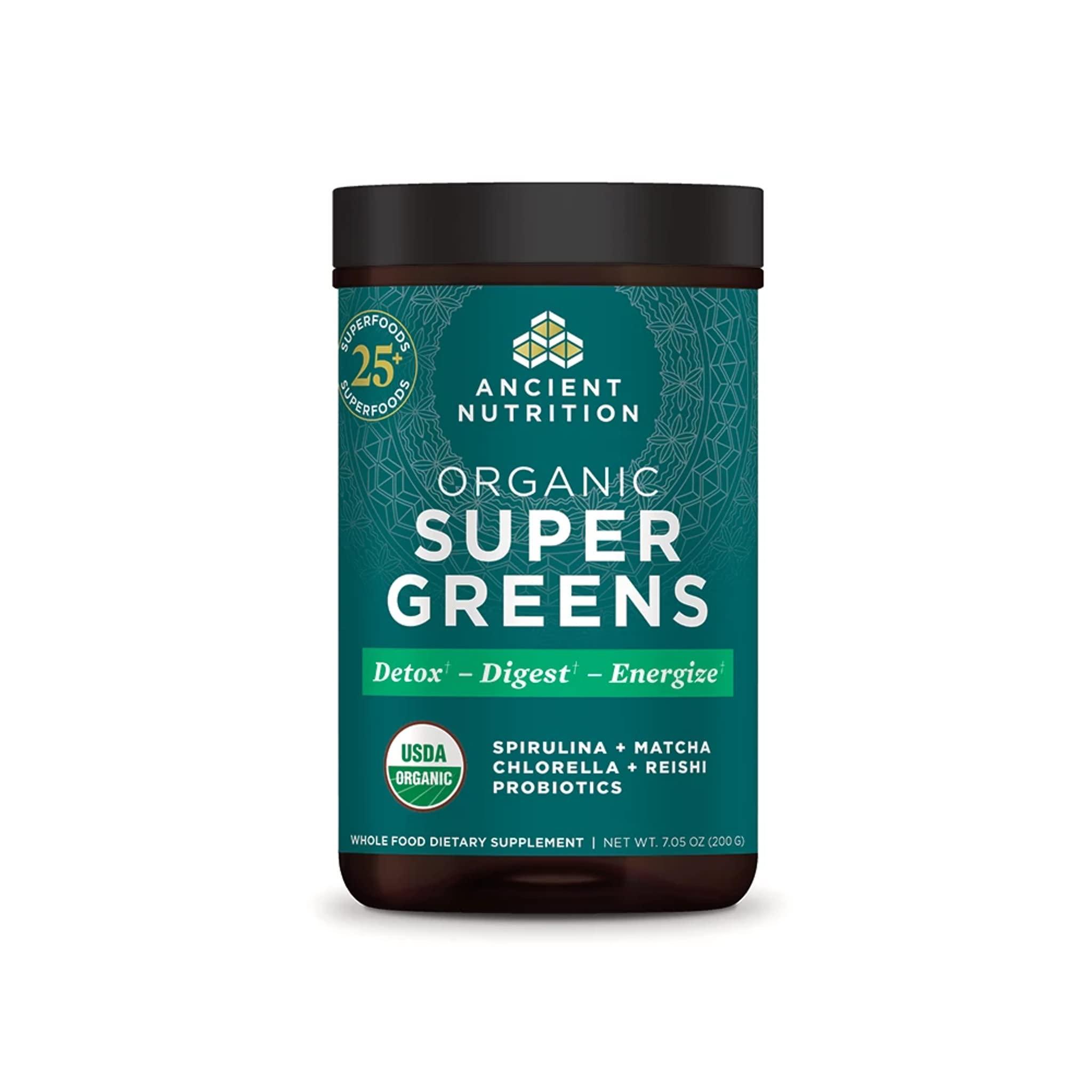 Ancient Nutrition Super Greens Powder by Ancient Nutrition, Organic Superfood Powder with Probiotics Made with Spirulina, Chlorella, Matcha, and Digestive Enzymes, 25 Servings, 7.5oz