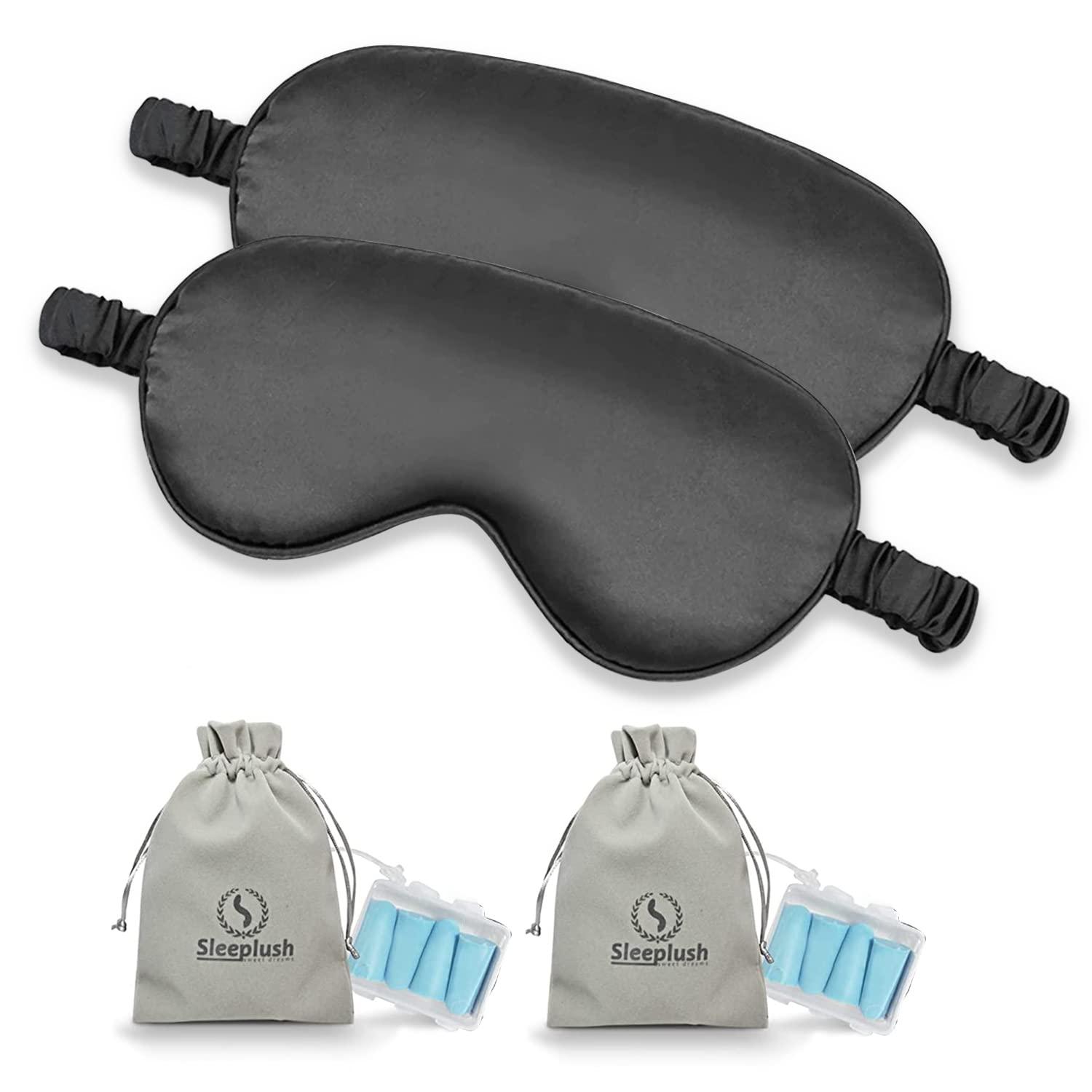 S SLEEPLUSH SWEET DREAMS Sleeplush Silk Sleep Mask – Sleep Mask with Silk Covered Straps – Sleep Masks for Women and Men - Eye Mask for Sleeping Comes with Ear Plugs and Pocket Bag - Weighted Sleep Mask - Black Pack of 2