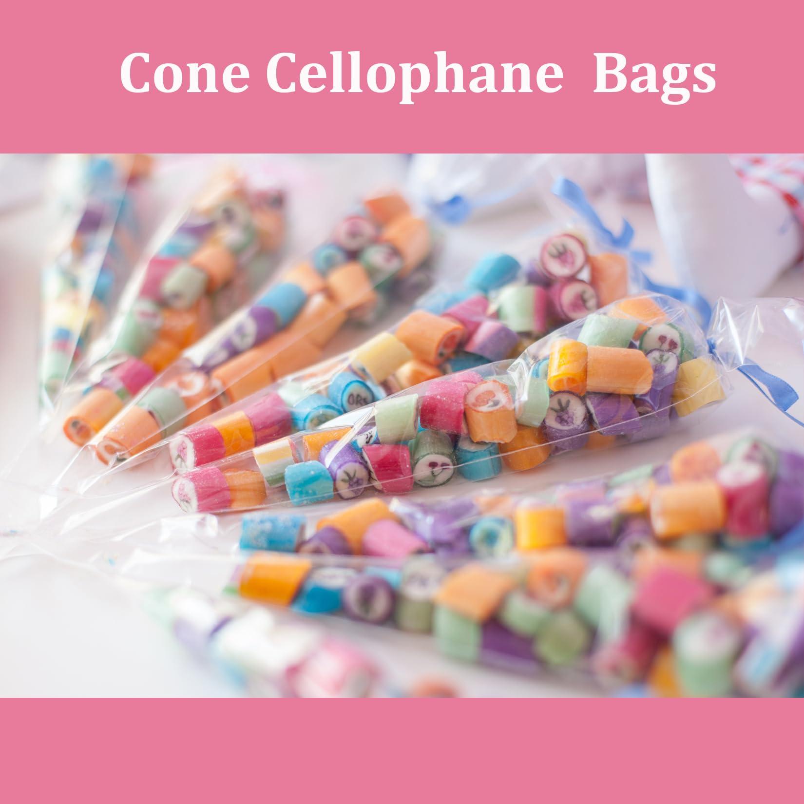 Morepack Cone Cellophane Bags,200 PCS 6.3\"x11.8\" Cello Clear Cone Shaped Treat Bags with Twist Ties, Plastic Cone Bags Triangle Bags for Popcorn Favor Candy
