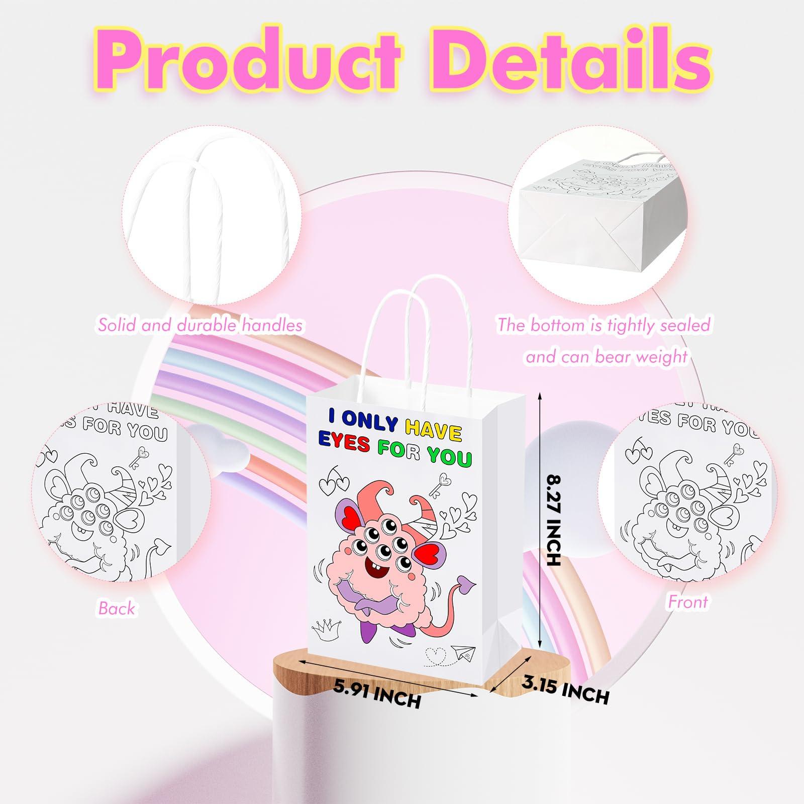 Resurhang Resurhang 100 Pcs Valentines Day Paper Gift Bags with Handle DIY Color Your Own Valentine Bags with Watercolor Pens Valentines Day Goodie Bags for Kids Party Favors Classroom Exchange Gift