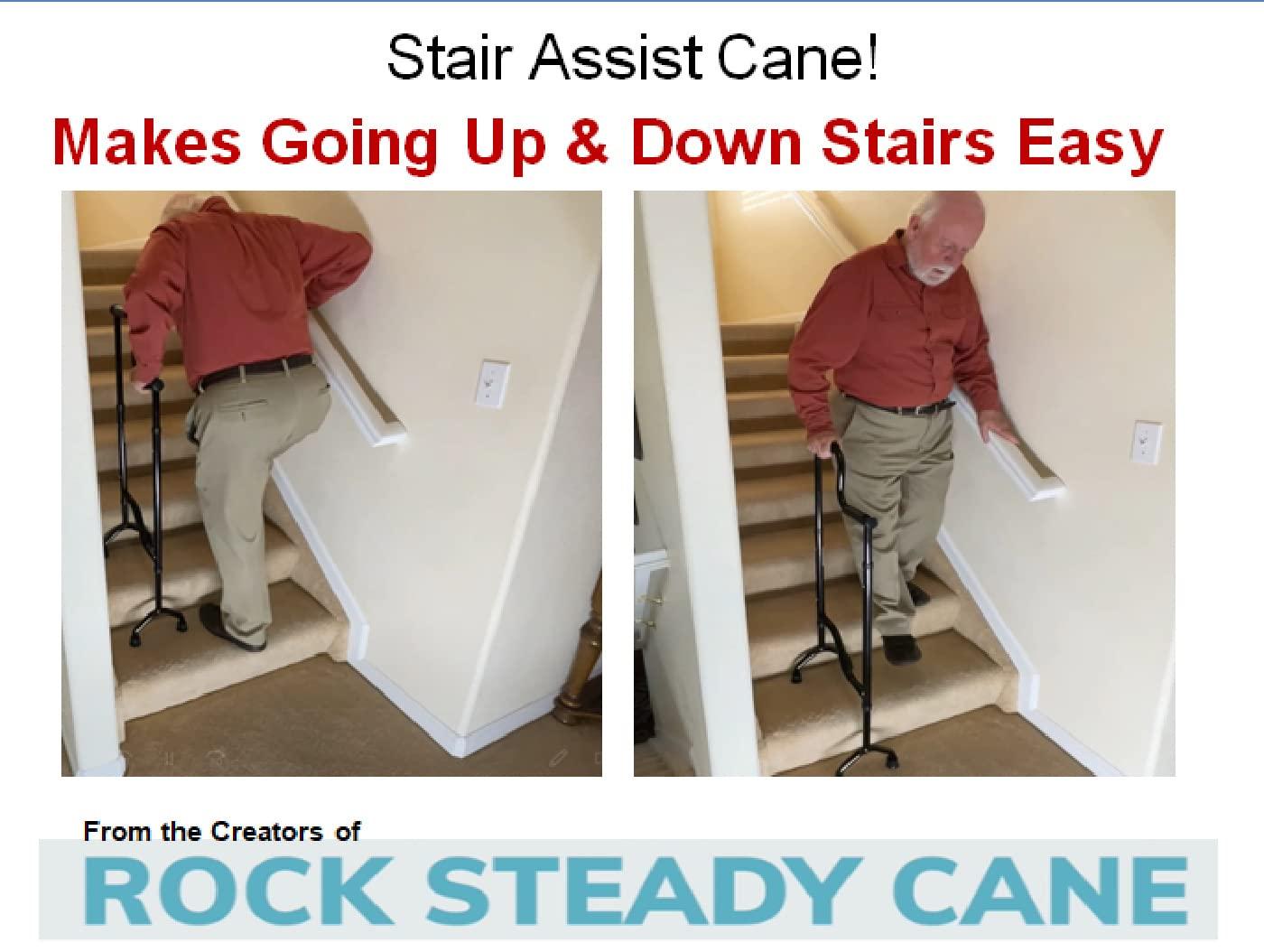 Rock Steady Cane Stair Climbing Assist Cane Reduces Shock and Pain as You Step Down Each Step. Adjustable, Light Weight, Sturdy, Foam Handles. Supports Up to 300 Lbs. Stability You Can Lean on by Rock Steady Cane