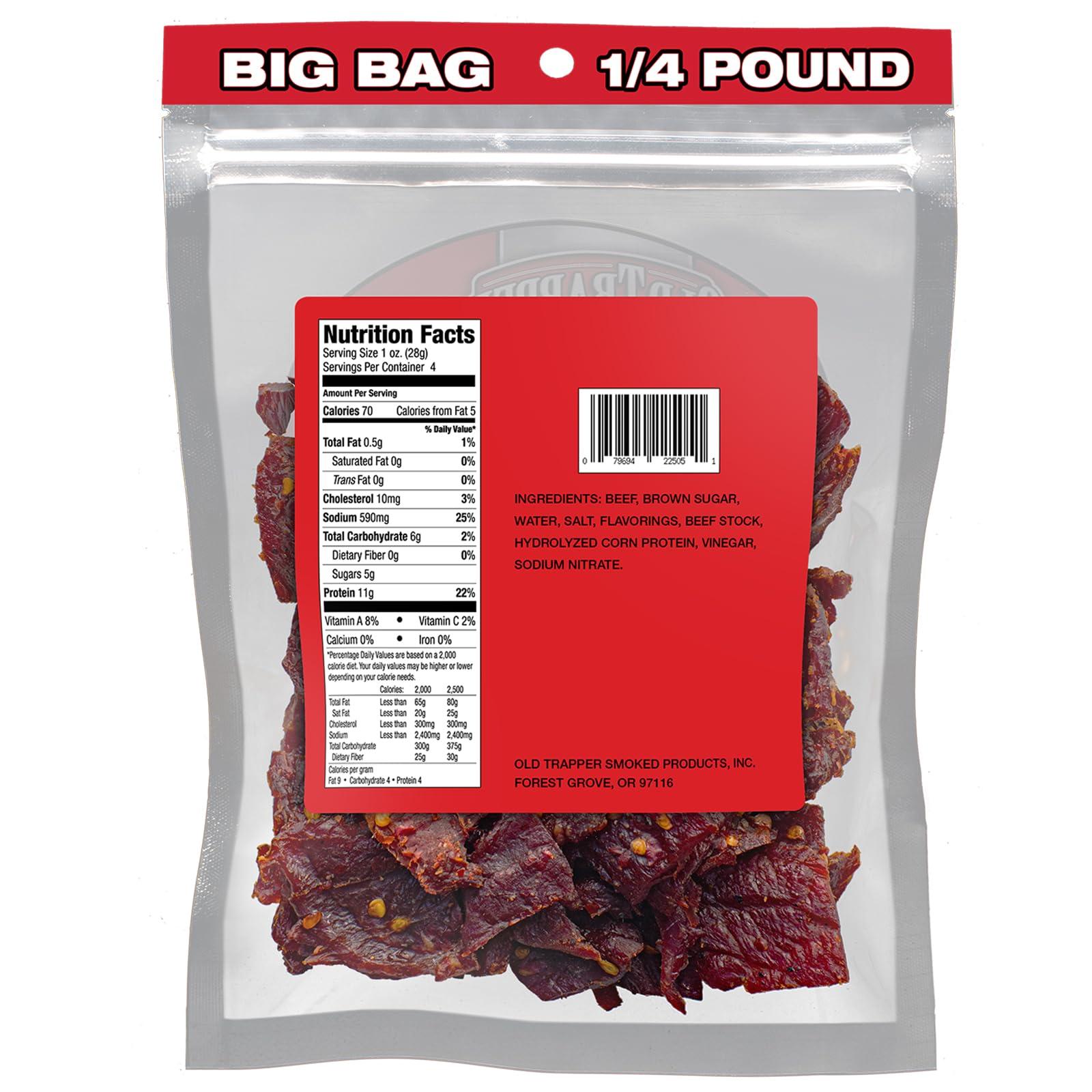 Old Trapper Old Trapper Beef Jerky, Hot & Spicy 1/4-Pound Individual Package, Savory and Spicy Meat Snacks for Lunches or Between Meals, 11 Grams of Protein and 70 Calories per Serving (Pack of 8)