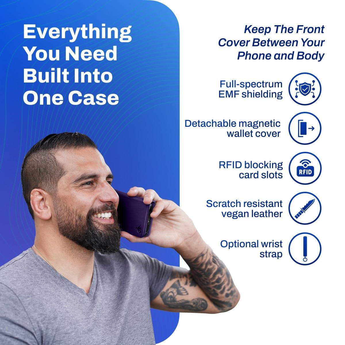 DefenderShield DefenderShield EMF Protection & 5G Anti Radiation iPhone 14 Pro Case - RFID Blocking EMF Shield Detachable Wallet Case with Magnetic Closure (Purple)