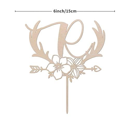 Vinisong Vinisong Personalized Initials Cake Topper Wreath Letter R Cake Topper Wood Monogram Cake Topper Rustic Wedding Cake Topper Birthday Cake Decoration(Design 01,R)