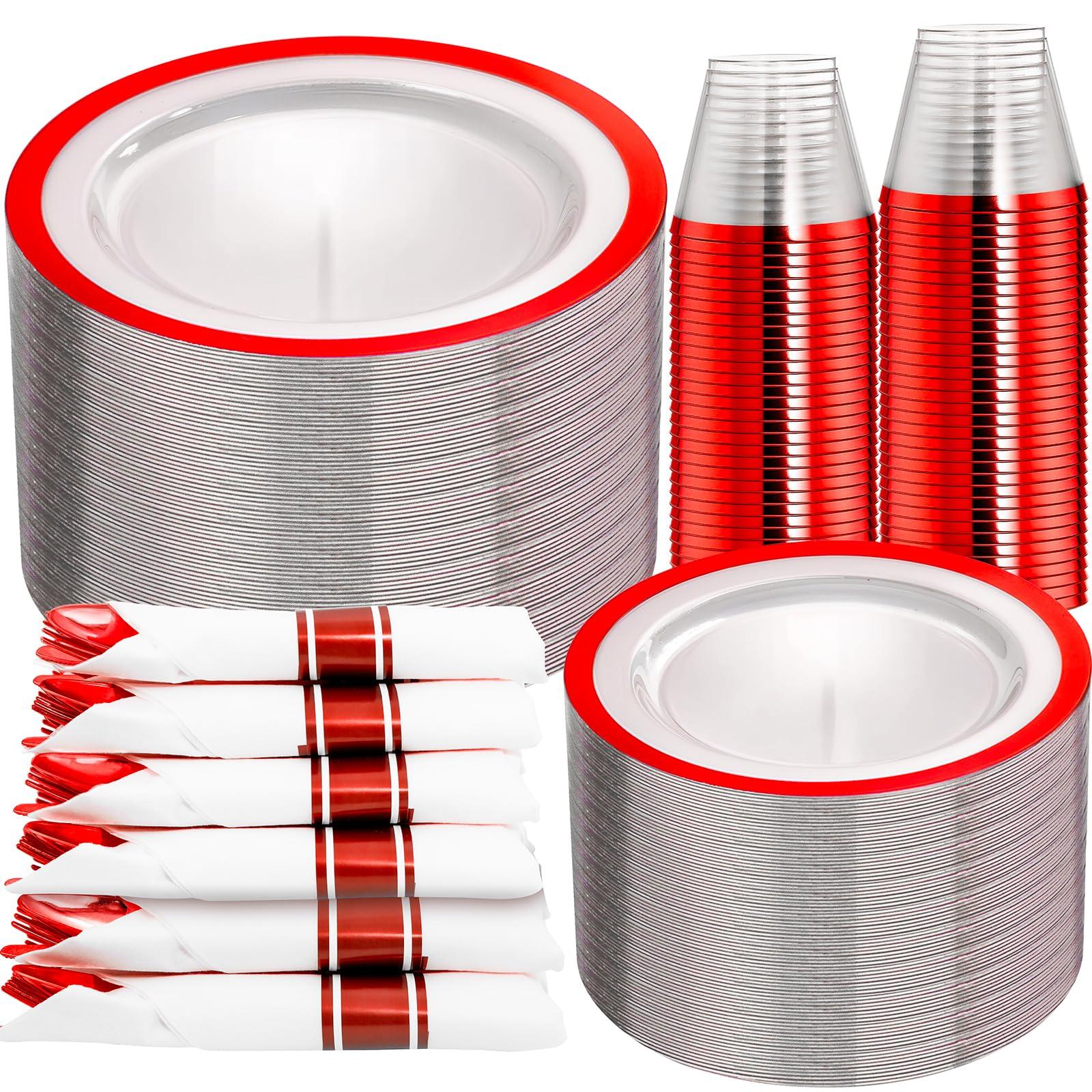 I00000 I00000 350 Pcs Clear and Red Plastic Plates,Valentines Disposable Dinnerware Set, Include 50 Dinner Plates 10.25\'\', 50 Dessert Plates 7.5\'\',50 Red Rim Cups,50 Per Rolled Napkins with Plastic Cutlery