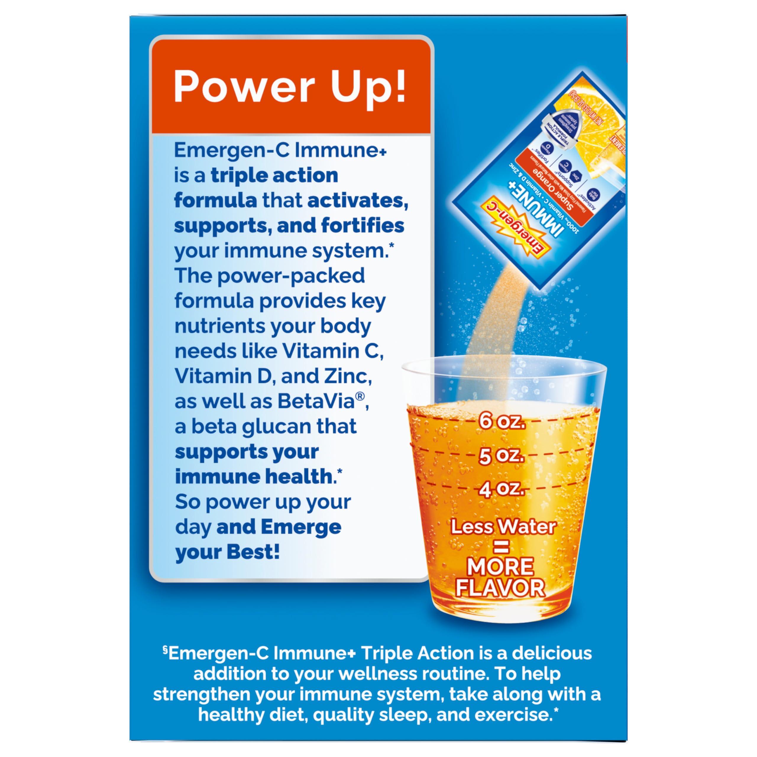 Emergen-C Emergen-C Immune+ Triple Action Immune Support Powder, BetaVia (R), 1000mg Vitamin C, B Vitamins, Vitamin D and Antioxidants, Super Orange 30 Count (Pack of 1)