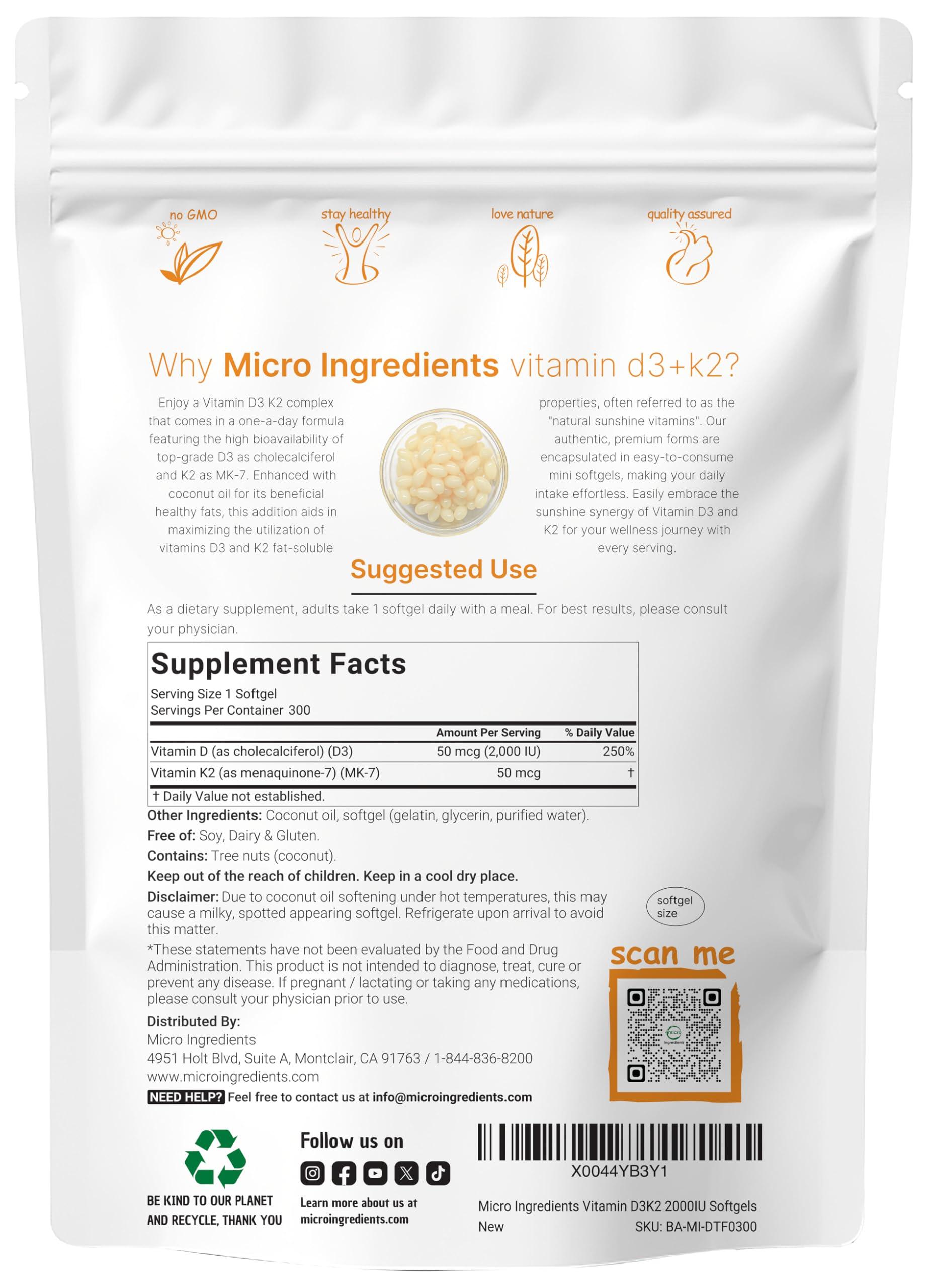 Micro Ingredients Vitamin D3 2,000 iu Plus K2 (MK-7) 50 mcg, 300 Virgin Coconut Oil Softgels | 2 in 1 Vitamins D & K Complex | Supports Calcium Absorption, Bone, Immune, & Heart Health Easy to Swallow