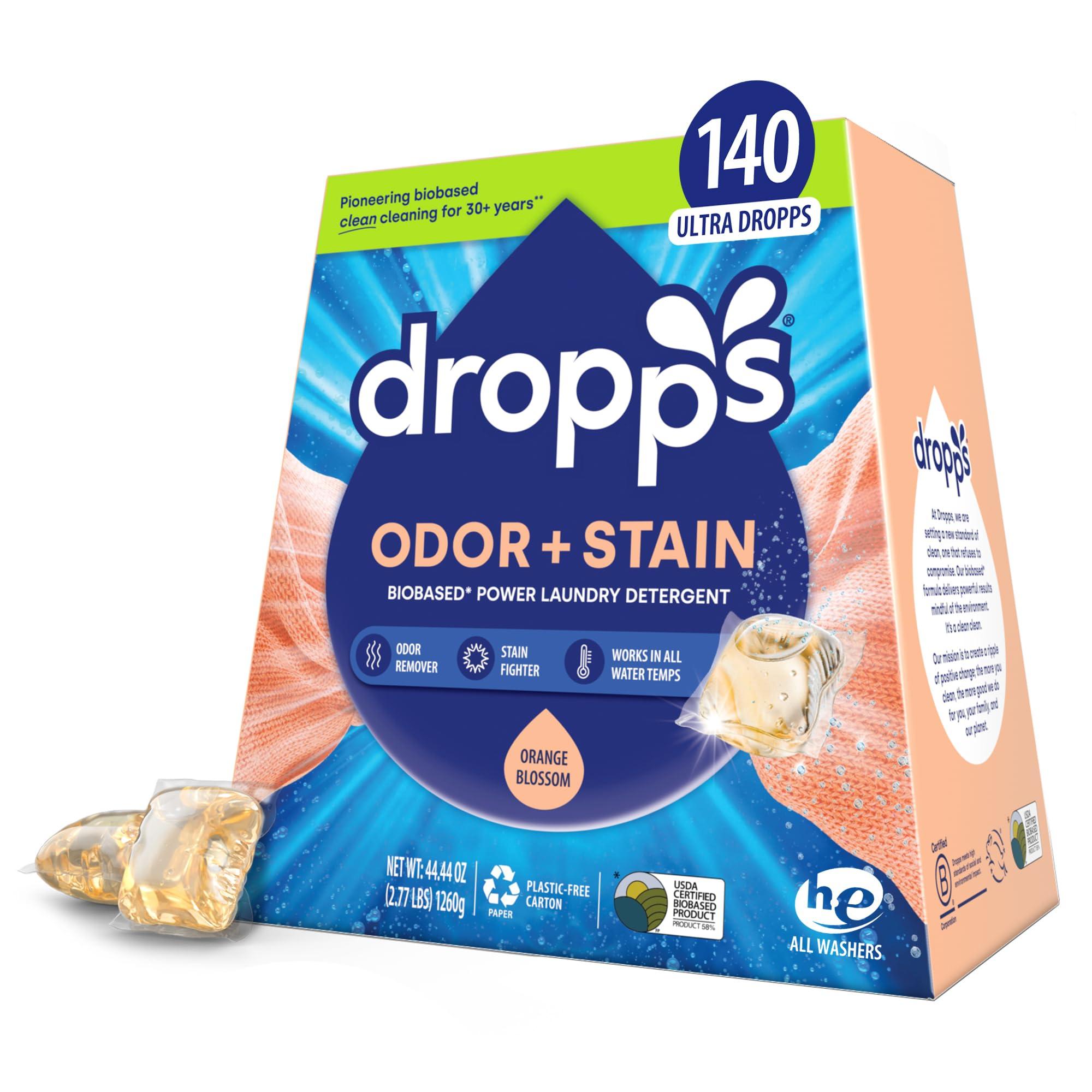 dropps Dropps Odor & Stain Biobased Power Laundry Detergent Pods, Orange Blossom (140 Count) - HE Compatible Laundry Pods for Fresh Clothes - Laundry Soap Supplies & Recyclable Paperboard Packaging
